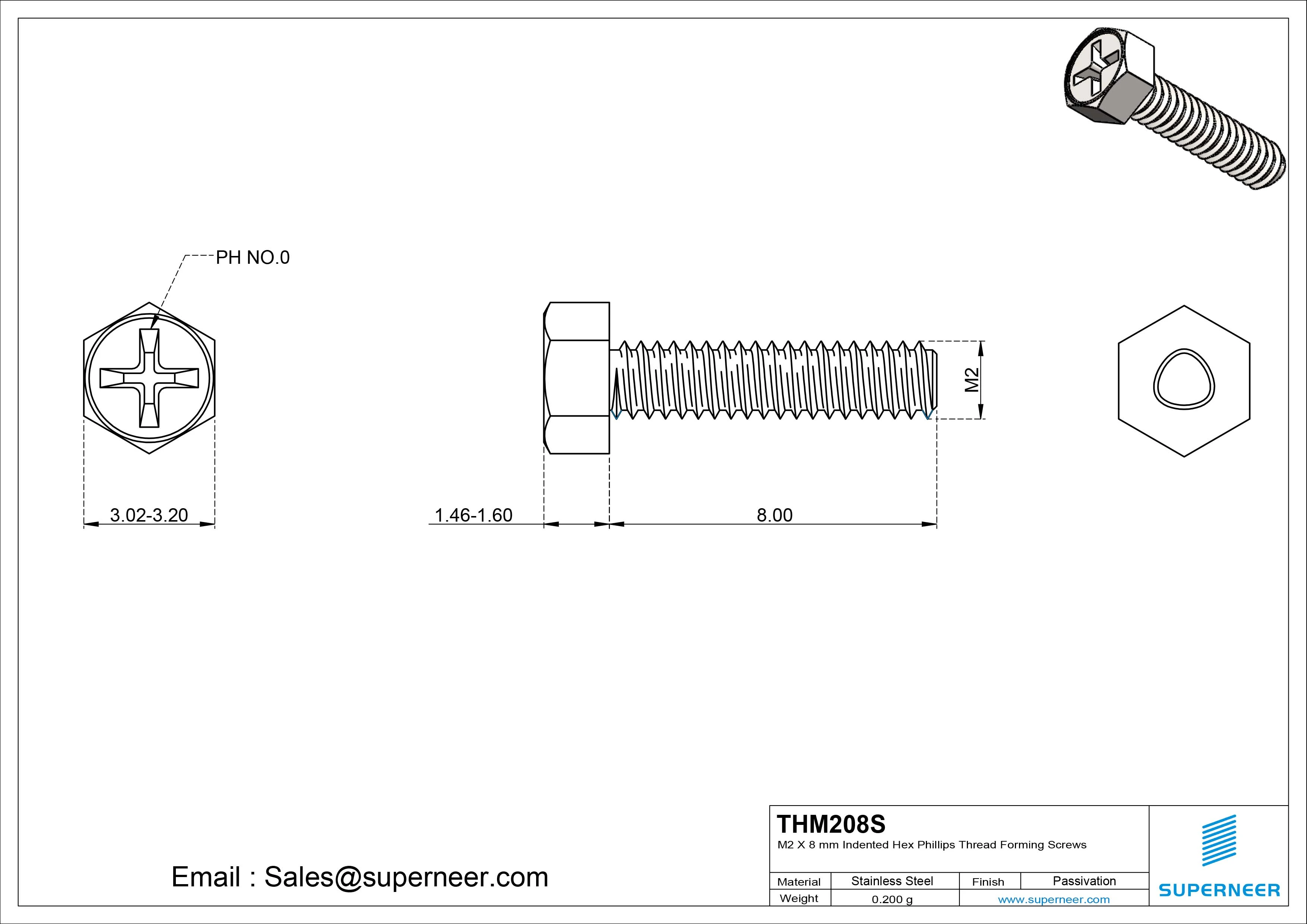 M2 × 8mm Indented Hex Phillips Thread Forming Screws for Metal SUS304 Stainless Steel Inox