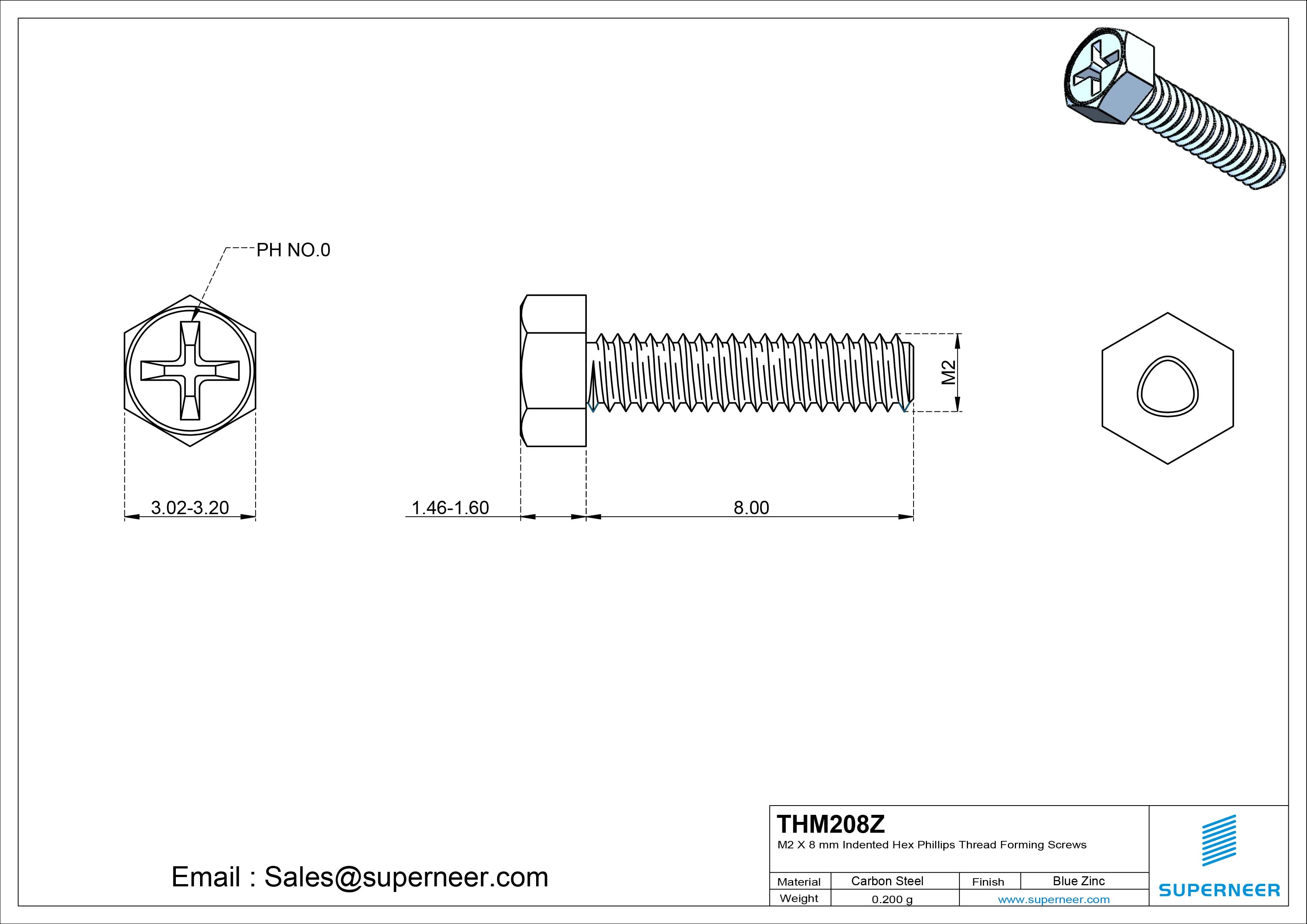 M2 × 8mm Indented Hex Phillips Thread Forming Screws for Metal Steel Blue Zinc Plated