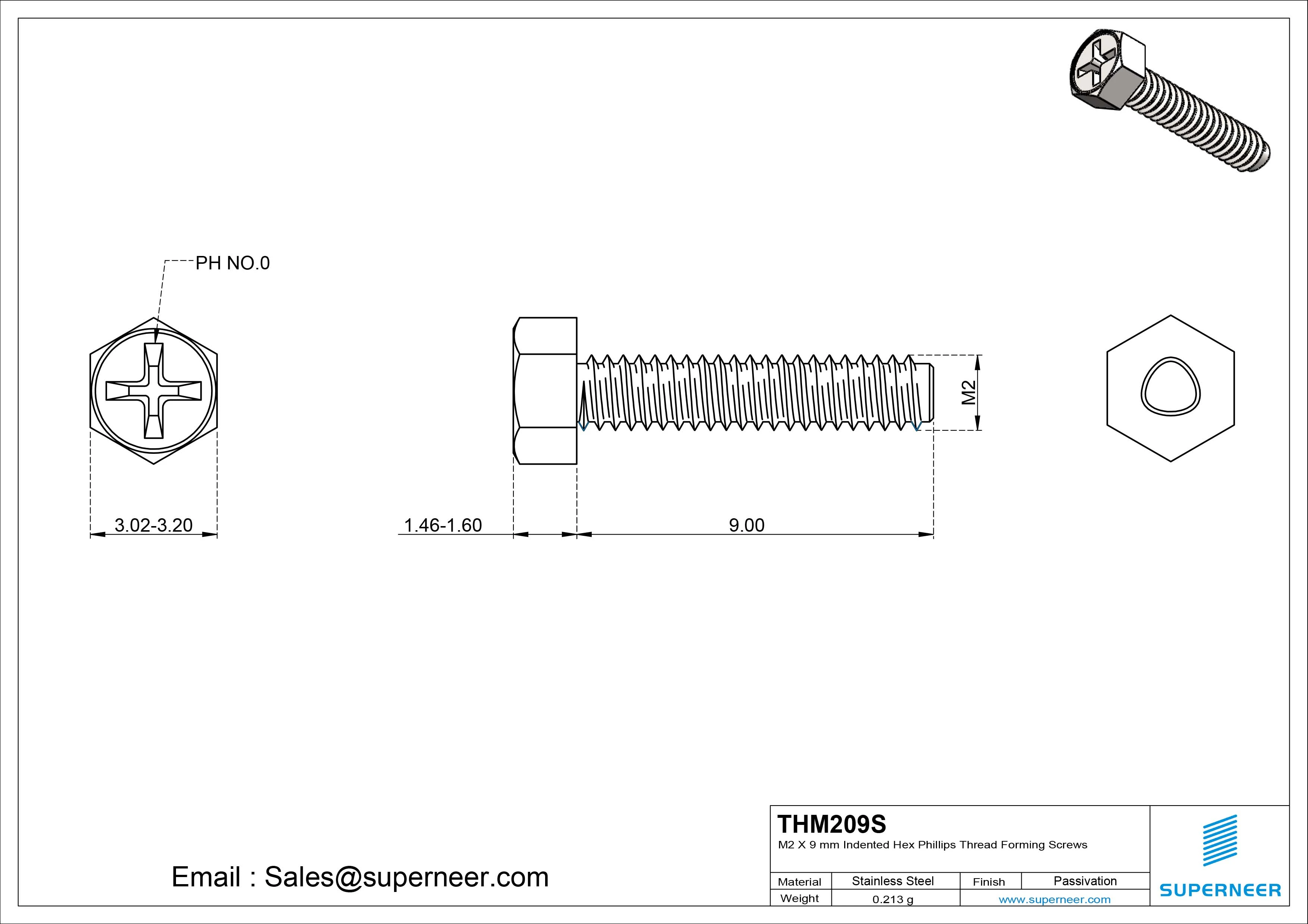 M2 × 9mm Indented Hex Phillips Thread Forming Screws for Metal SUS304 Stainless Steel Inox