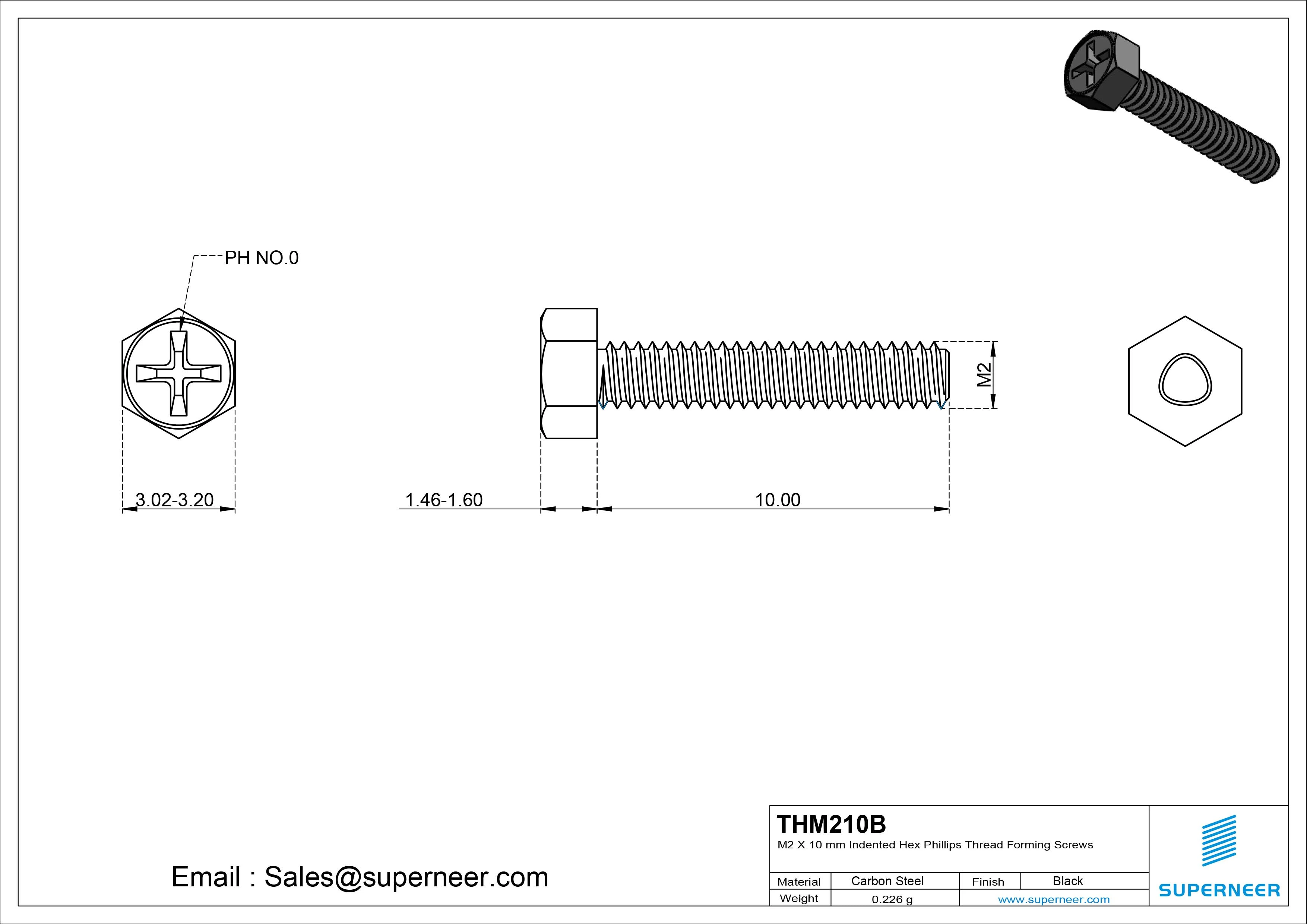 M2 × 10mm Indented Hex Phillips Thread Forming Screws for Metal Steel Black