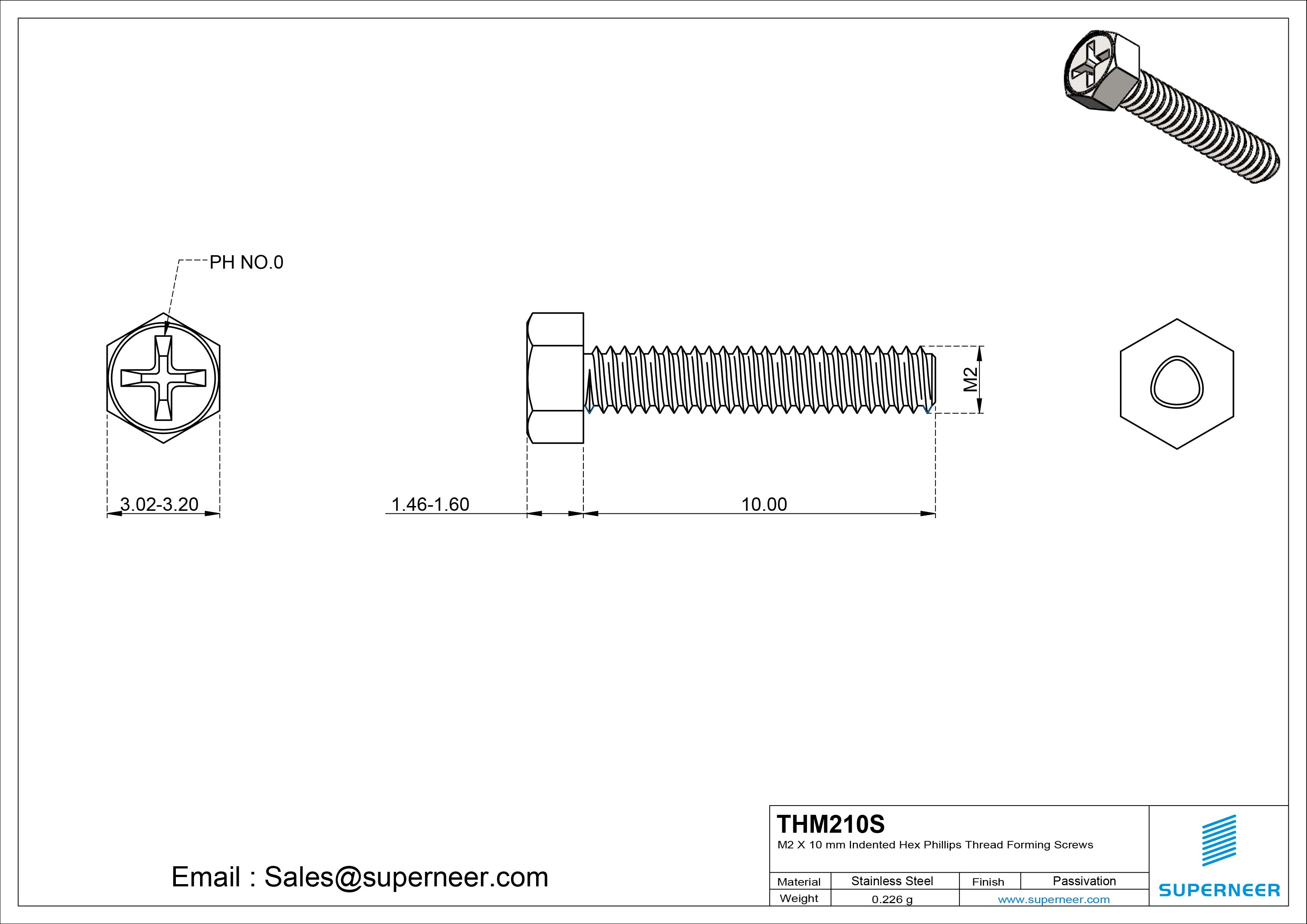 M2 × 10mm Indented Hex Phillips Thread Forming Screws for Metal SUS304 Stainless Steel Inox