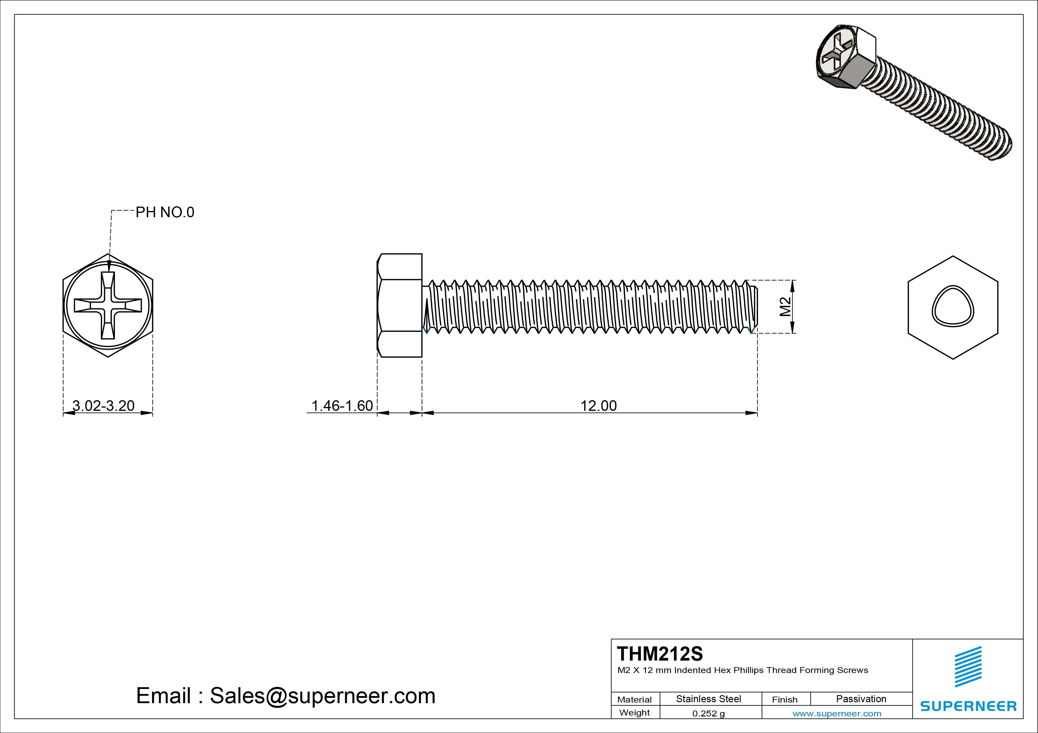 M2 × 12mm Indented Hex Phillips Thread Forming Screws for Metal SUS304 Stainless Steel Inox