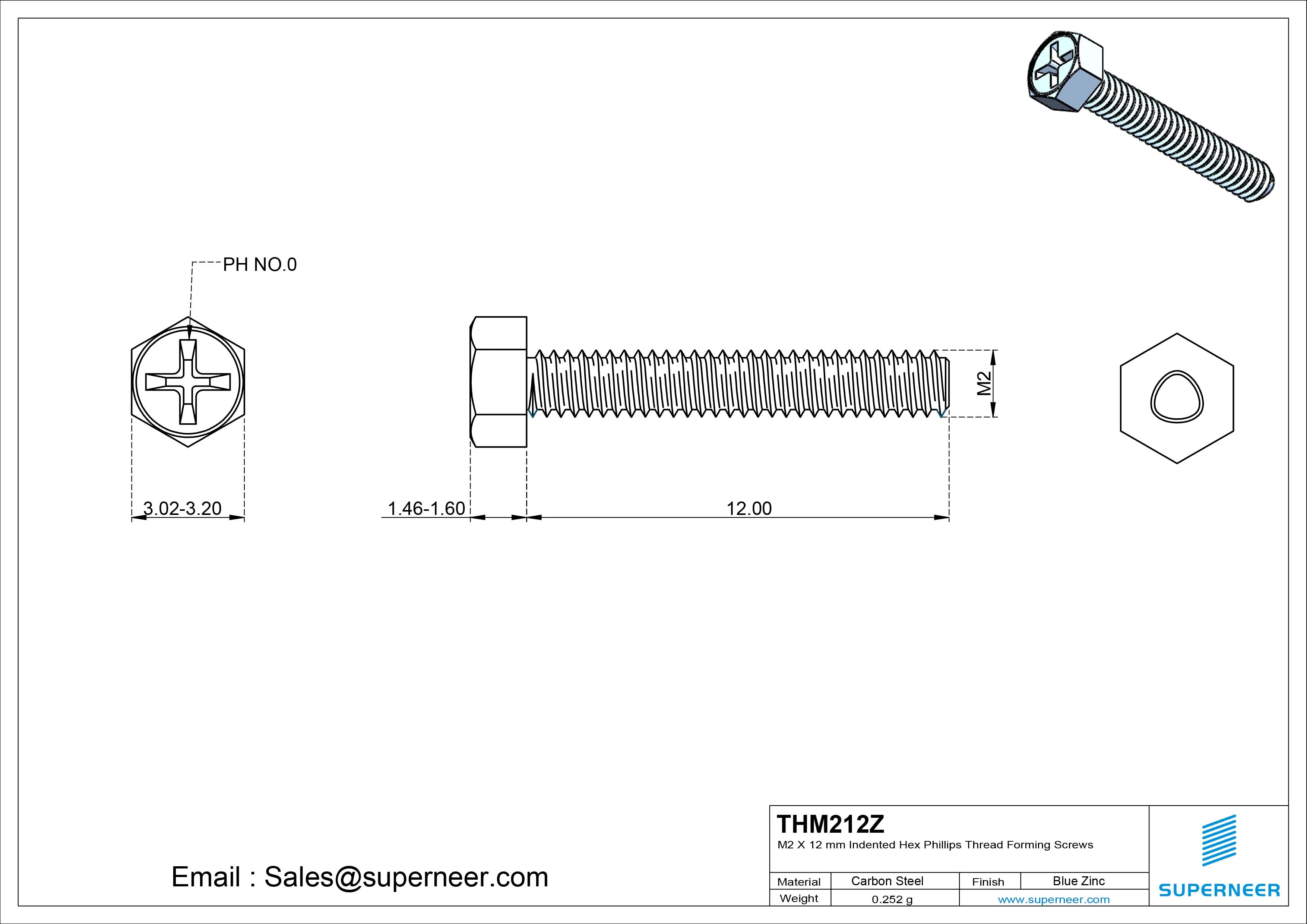 M2 × 12mm Indented Hex Phillips Thread Forming Screws for Metal Steel Blue Zinc Plated