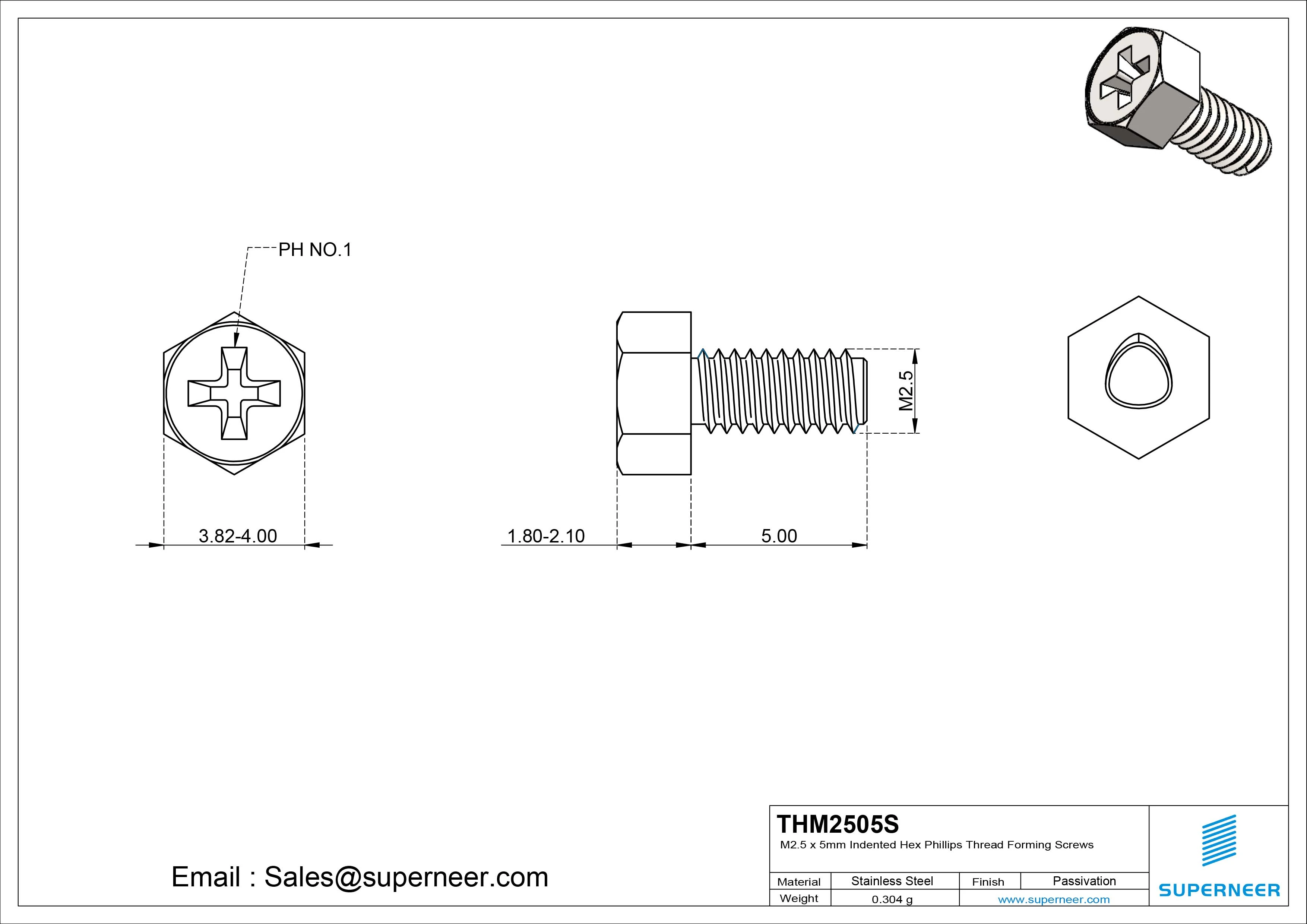 M2.5 × 5mm Indented Hex Phillips Thread Forming Screws for Metal SUS304 Stainless Steel Inox