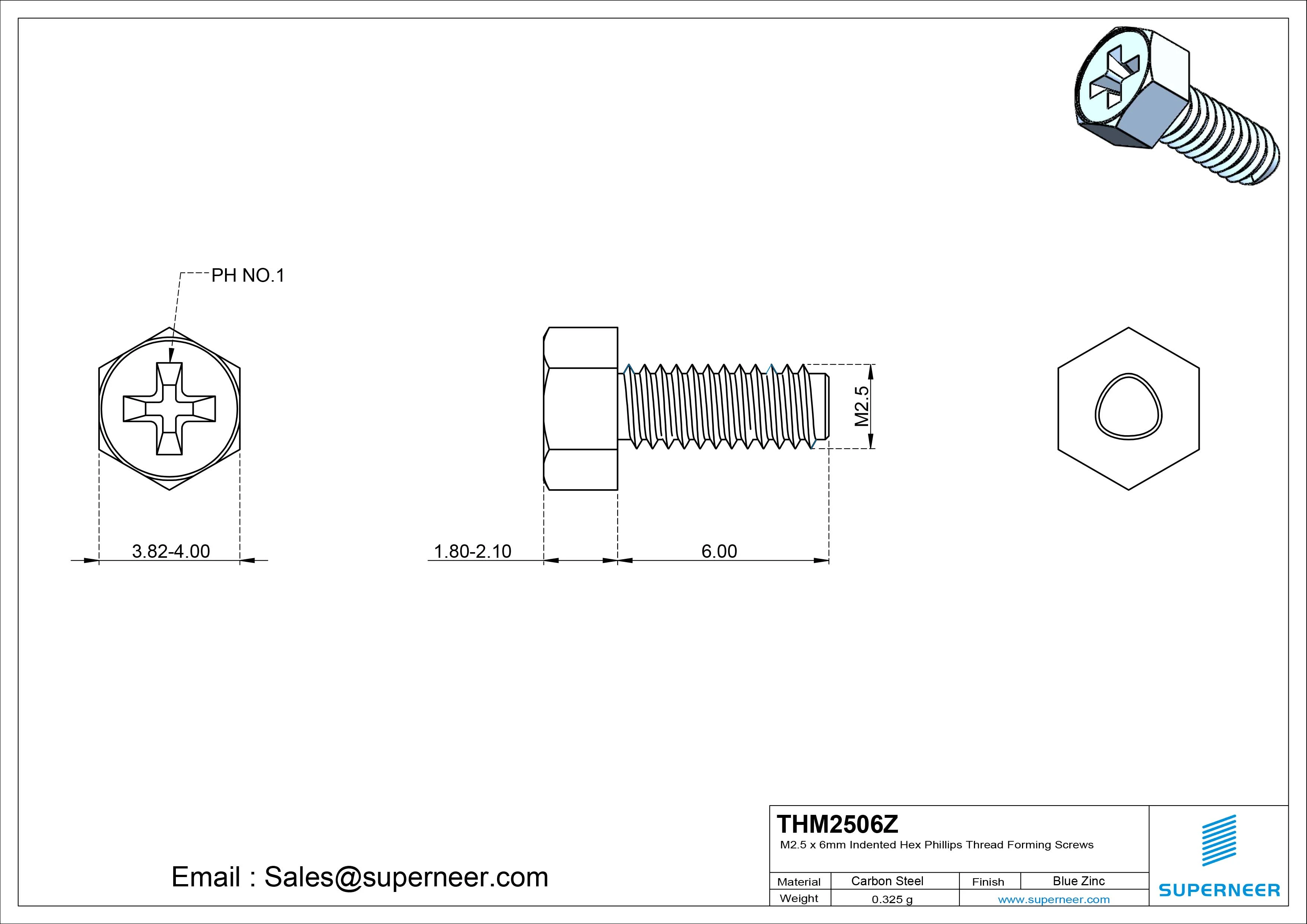 M2.5 × 6mm Indented Hex Phillips Thread Forming Screws for Metal Steel Blue Zinc Plated