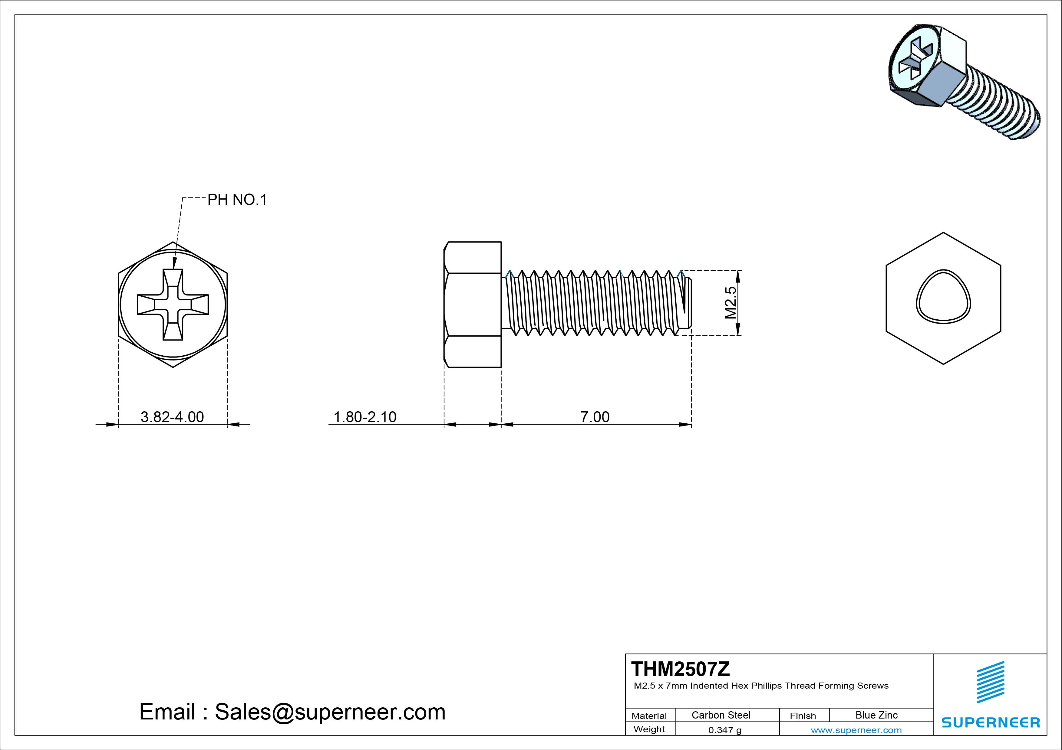 M2.5 × 7mm Indented Hex Phillips Thread Forming Screws for Metal Steel Blue Zinc Plated