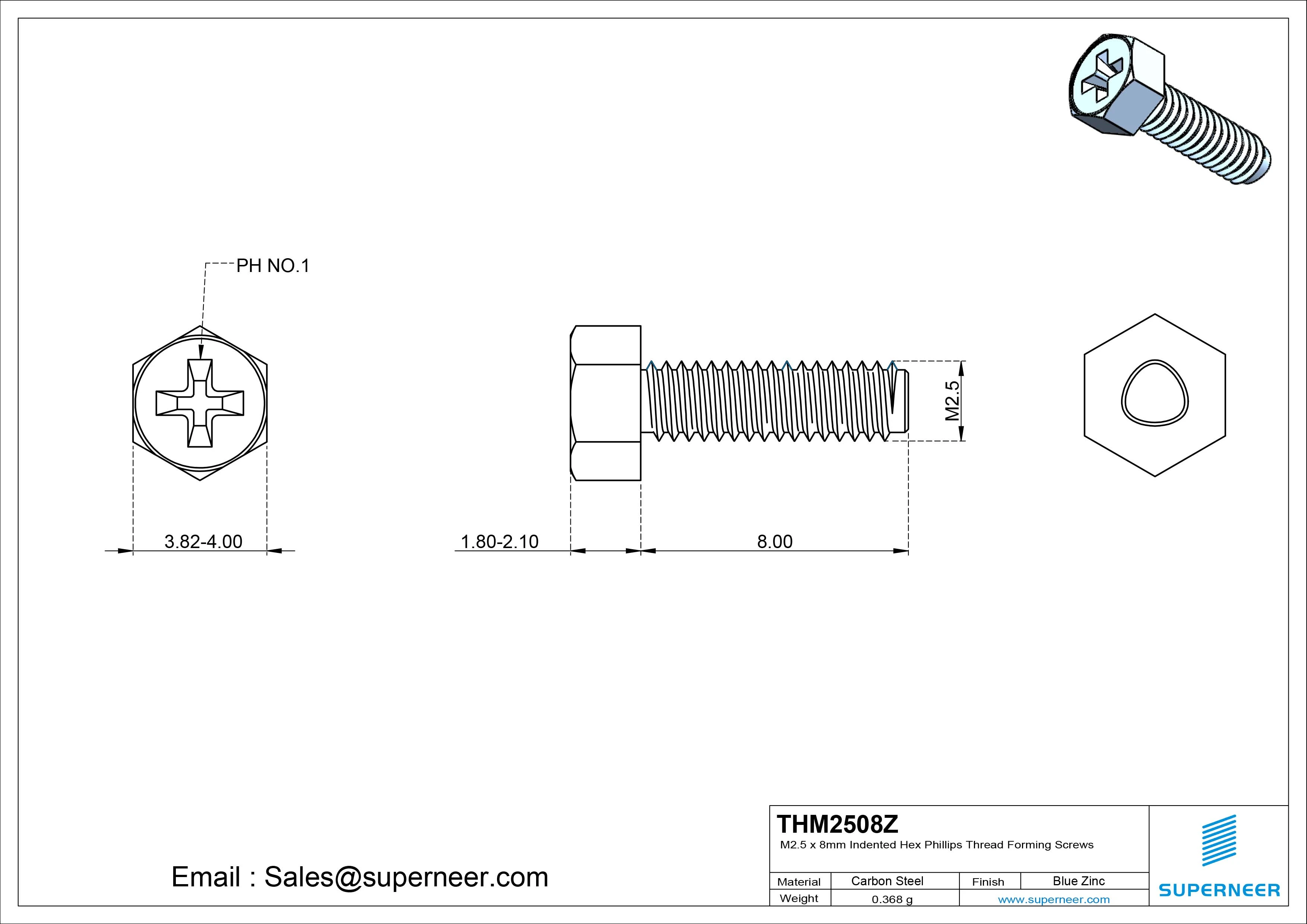 M2.5 × 8mm Indented Hex Phillips Thread Forming Screws for Metal Steel Blue Zinc Plated