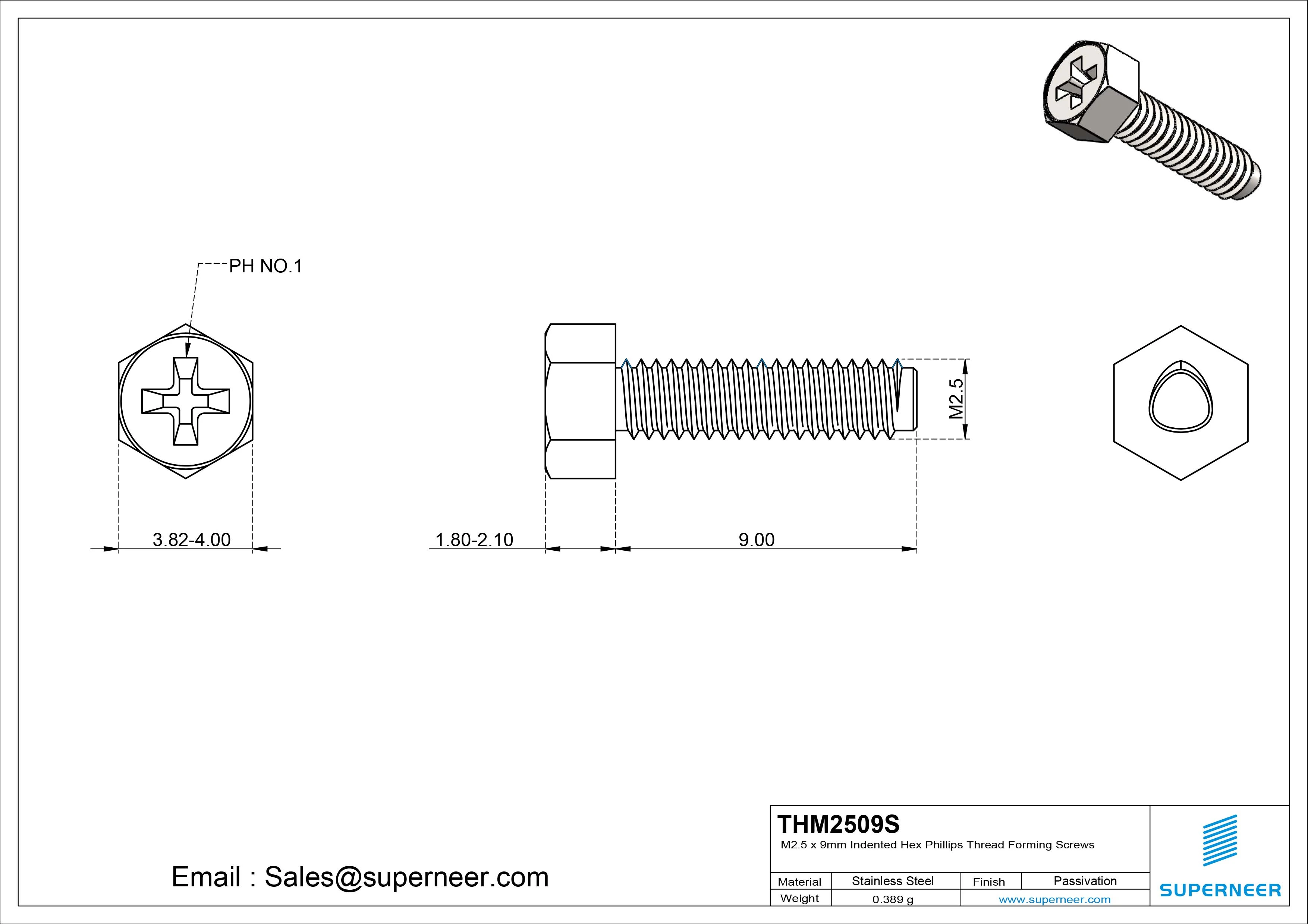 M2.5 × 9mm Indented Hex Phillips Thread Forming Screws for Metal SUS304 Stainless Steel Inox