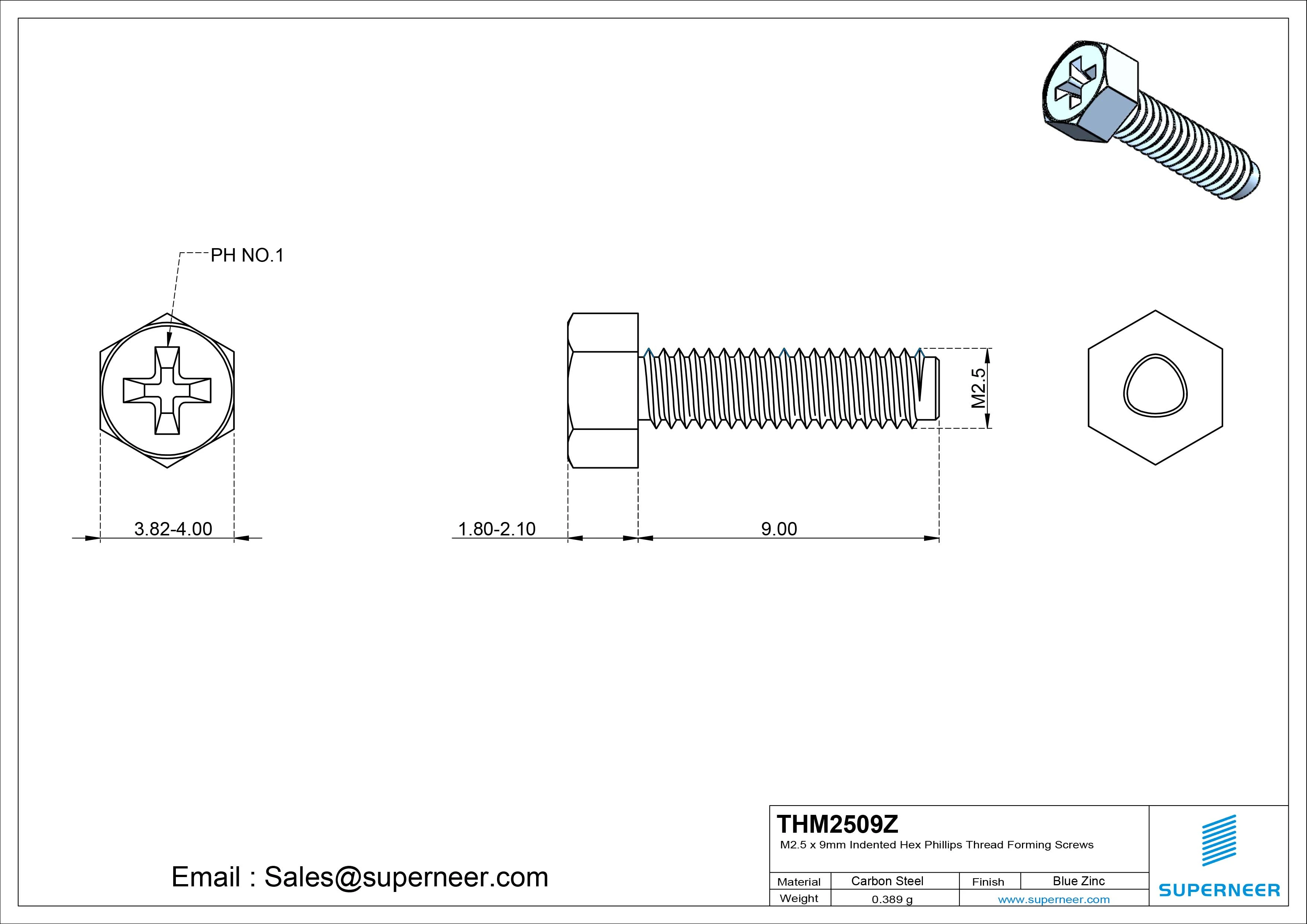 M2.5 × 9mm Indented Hex Phillips Thread Forming Screws for Metal Steel Blue Zinc Plated