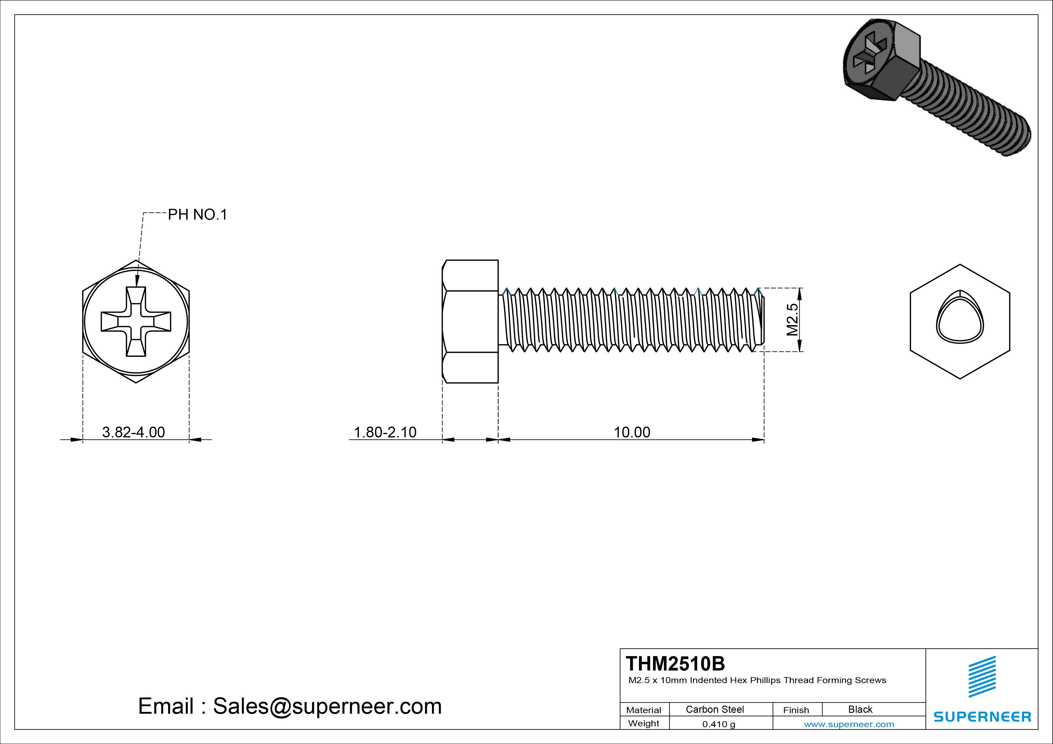 M2.5 × 10mm Indented Hex Phillips Thread Forming Screws for Metal Steel Black