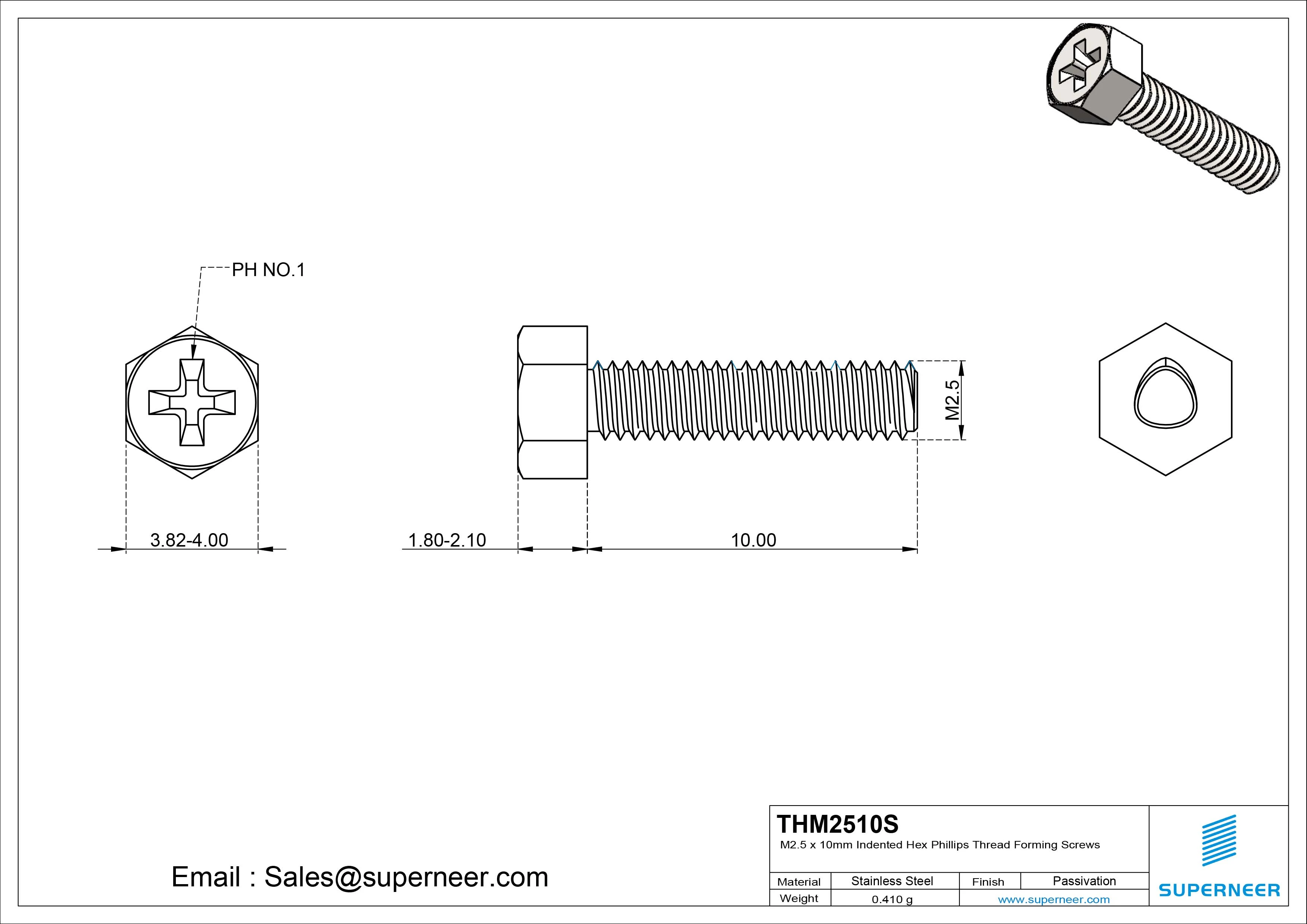 M2.5 × 10mm Indented Hex Phillips Thread Forming Screws for Metal SUS304 Stainless Steel Inox