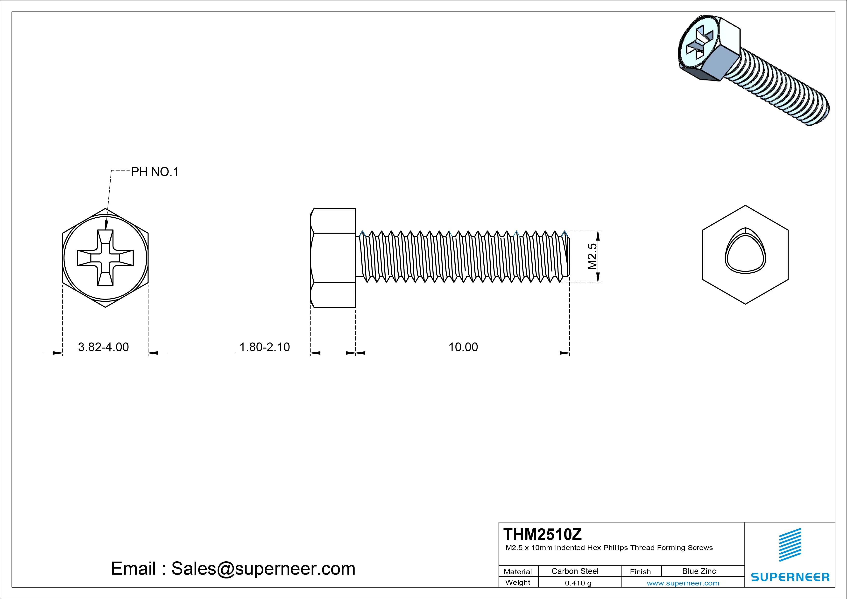 M2.5 × 10mm Indented Hex Phillips Thread Forming Screws for Metal Steel Blue Zinc Plated