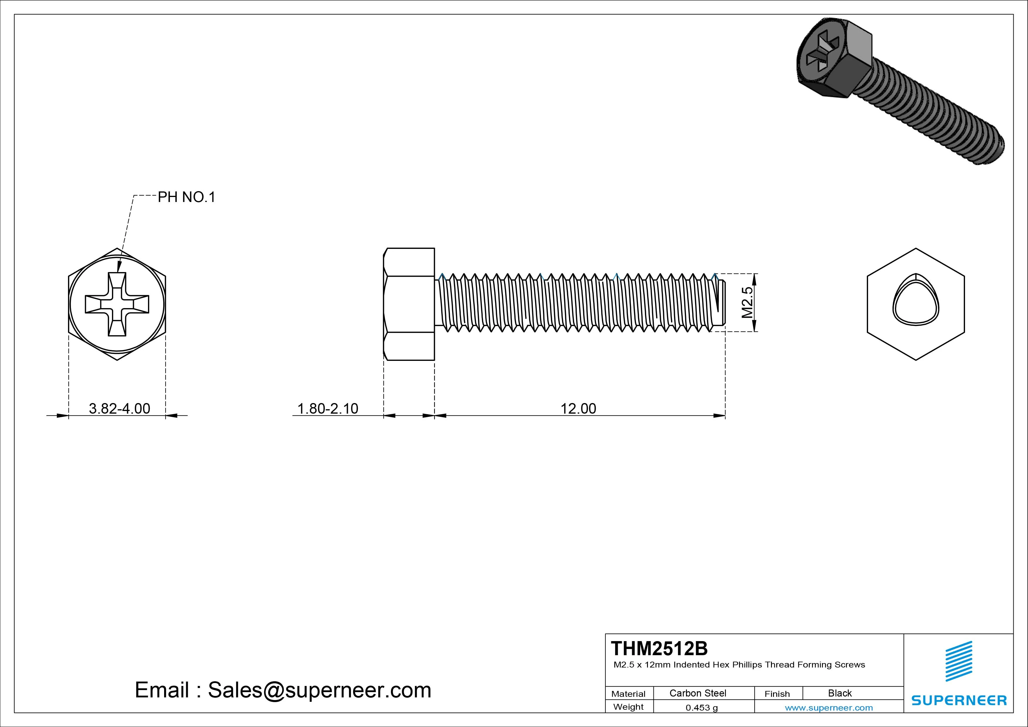 M2.5 × 12mm Indented Hex Phillips Thread Forming Screws for Metal Steel Black