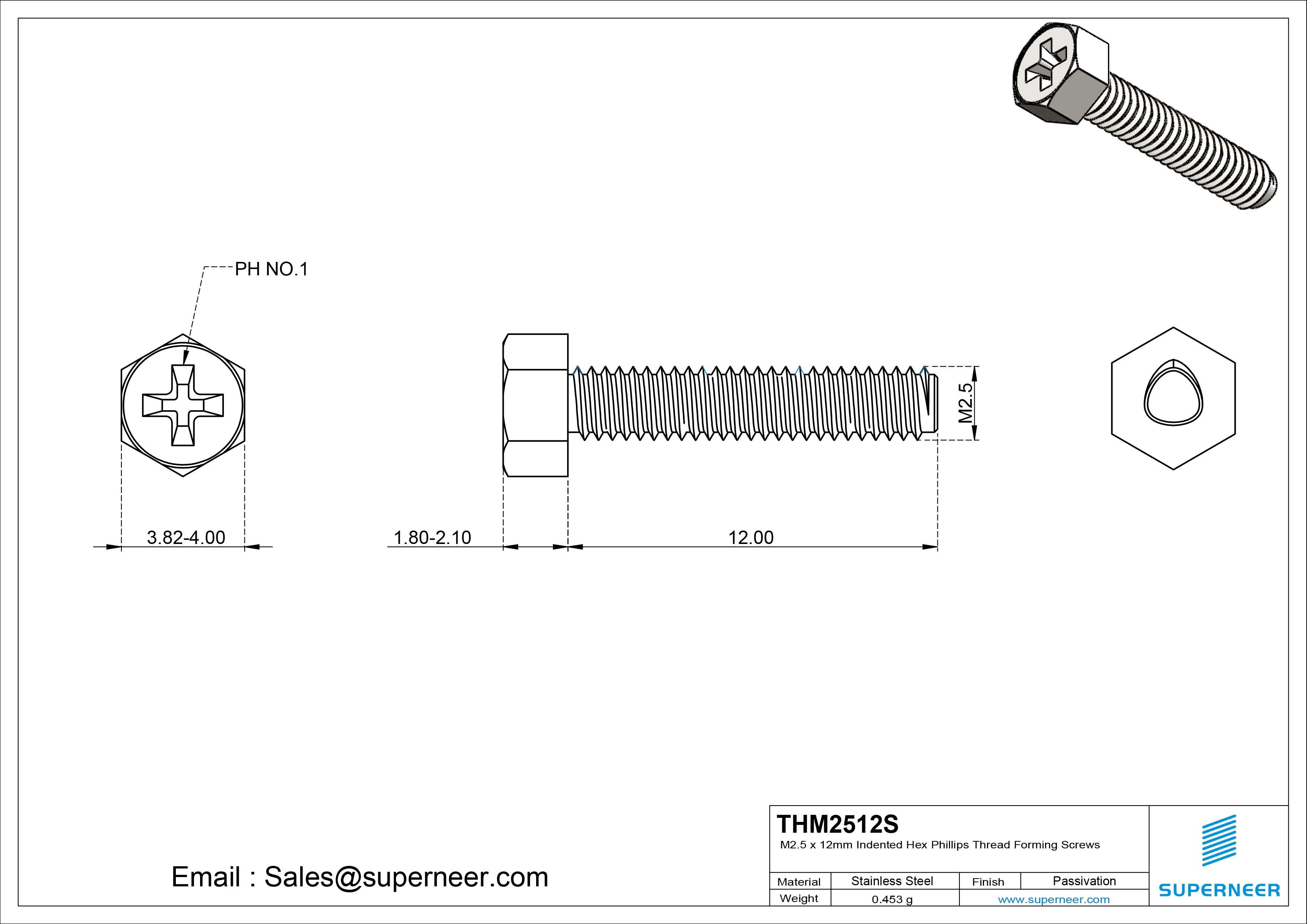 M2.5 × 12mm Indented Hex Phillips Thread Forming Screws for Metal SUS304 Stainless Steel Inox