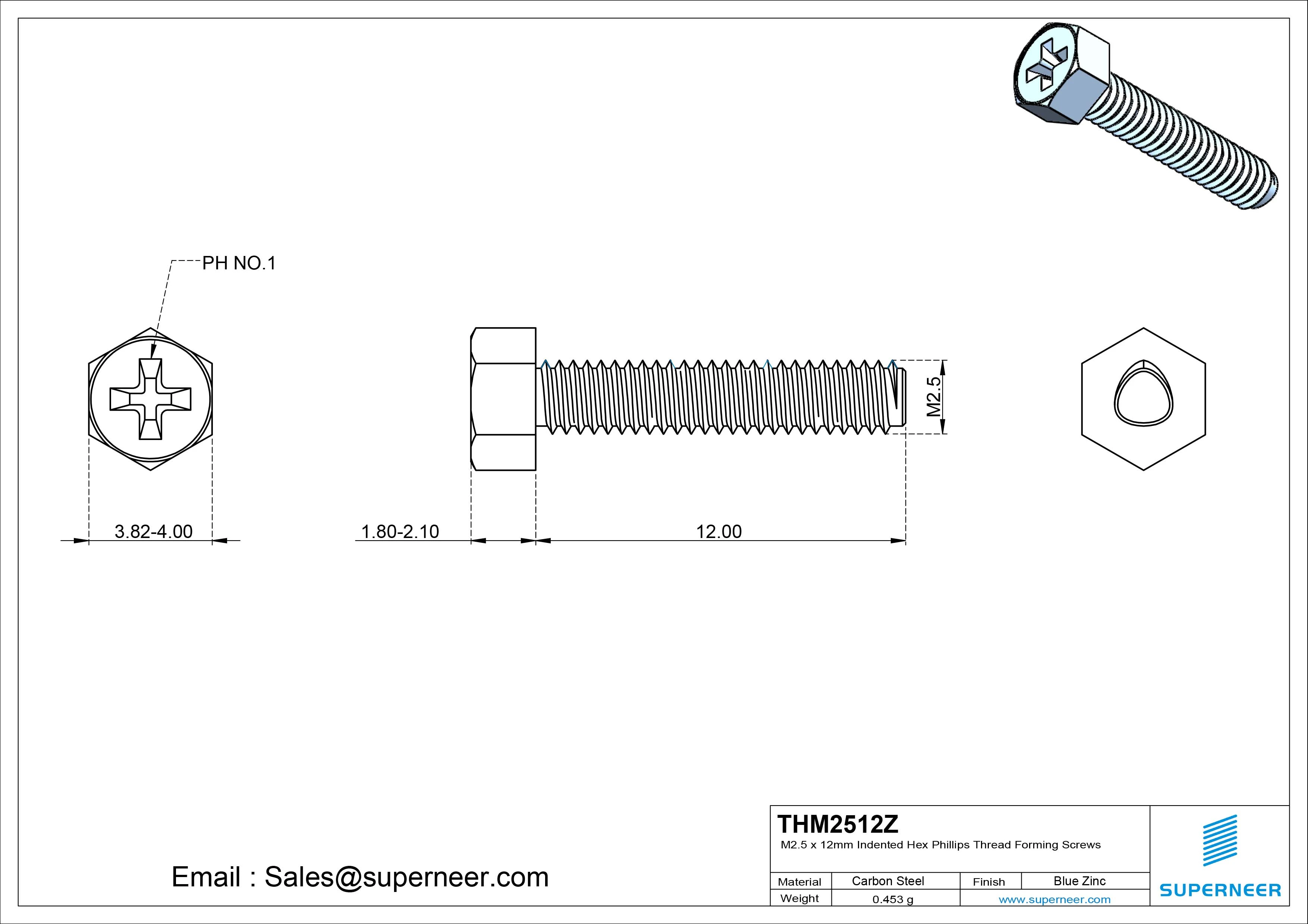 M2.5 × 12mm Indented Hex Phillips Thread Forming Screws for Metal Steel Blue Zinc Plated