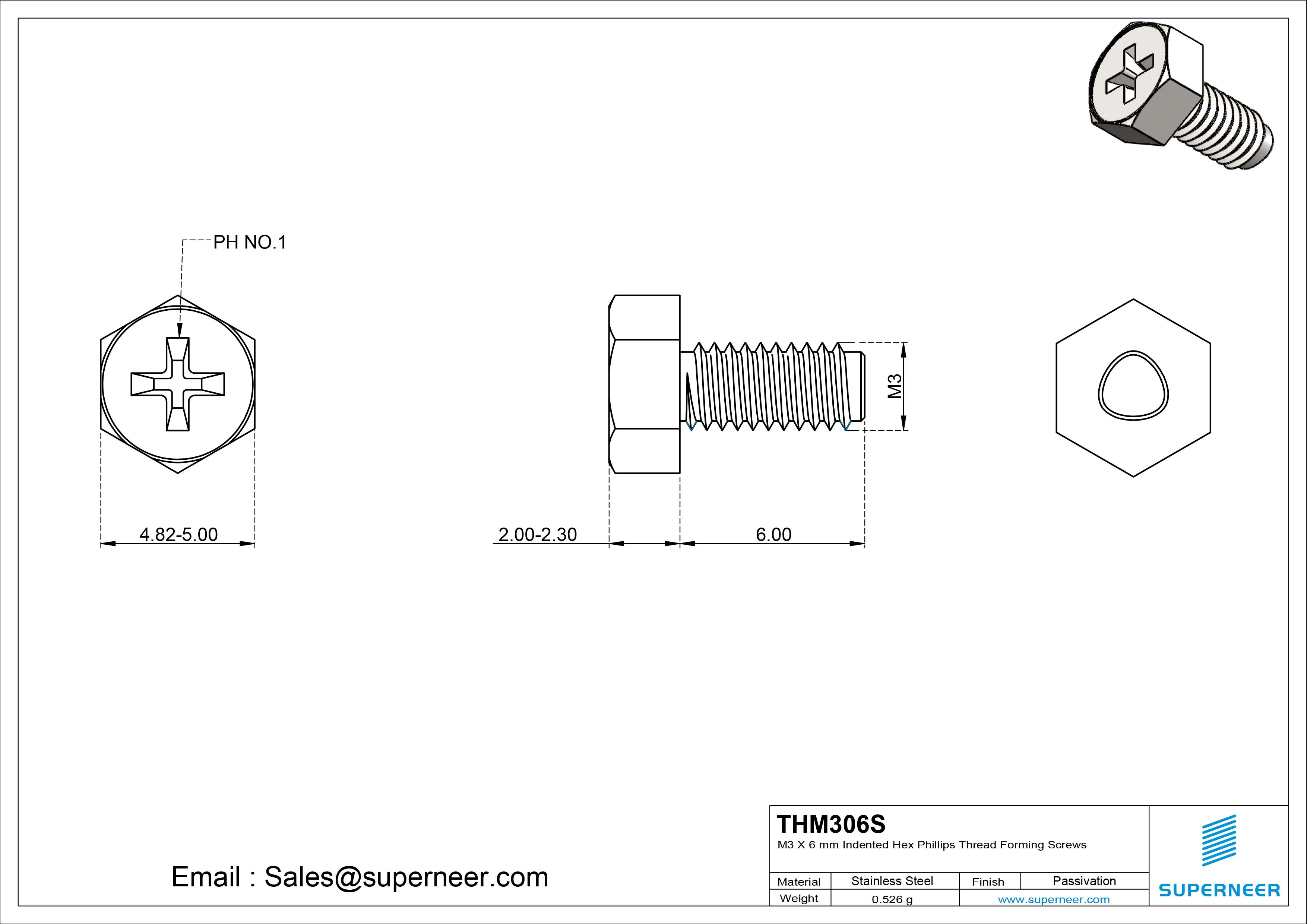 M3 × 6mm Indented Hex Phillips Thread Forming Screws for Metal SUS304 Stainless Steel Inox