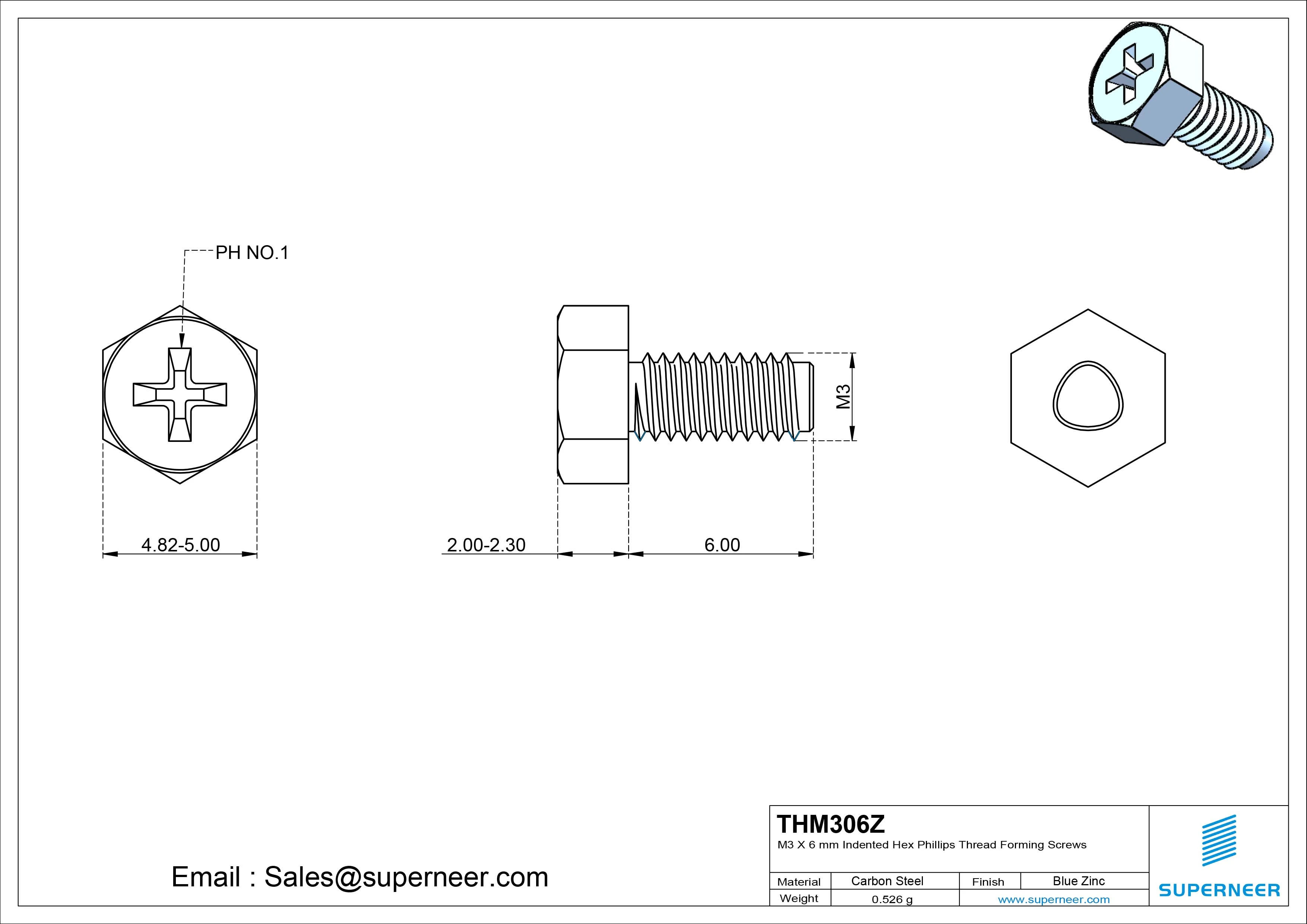 M3 × 6mm Indented Hex Phillips Thread Forming Screws for Metal Steel Blue Zinc Plated