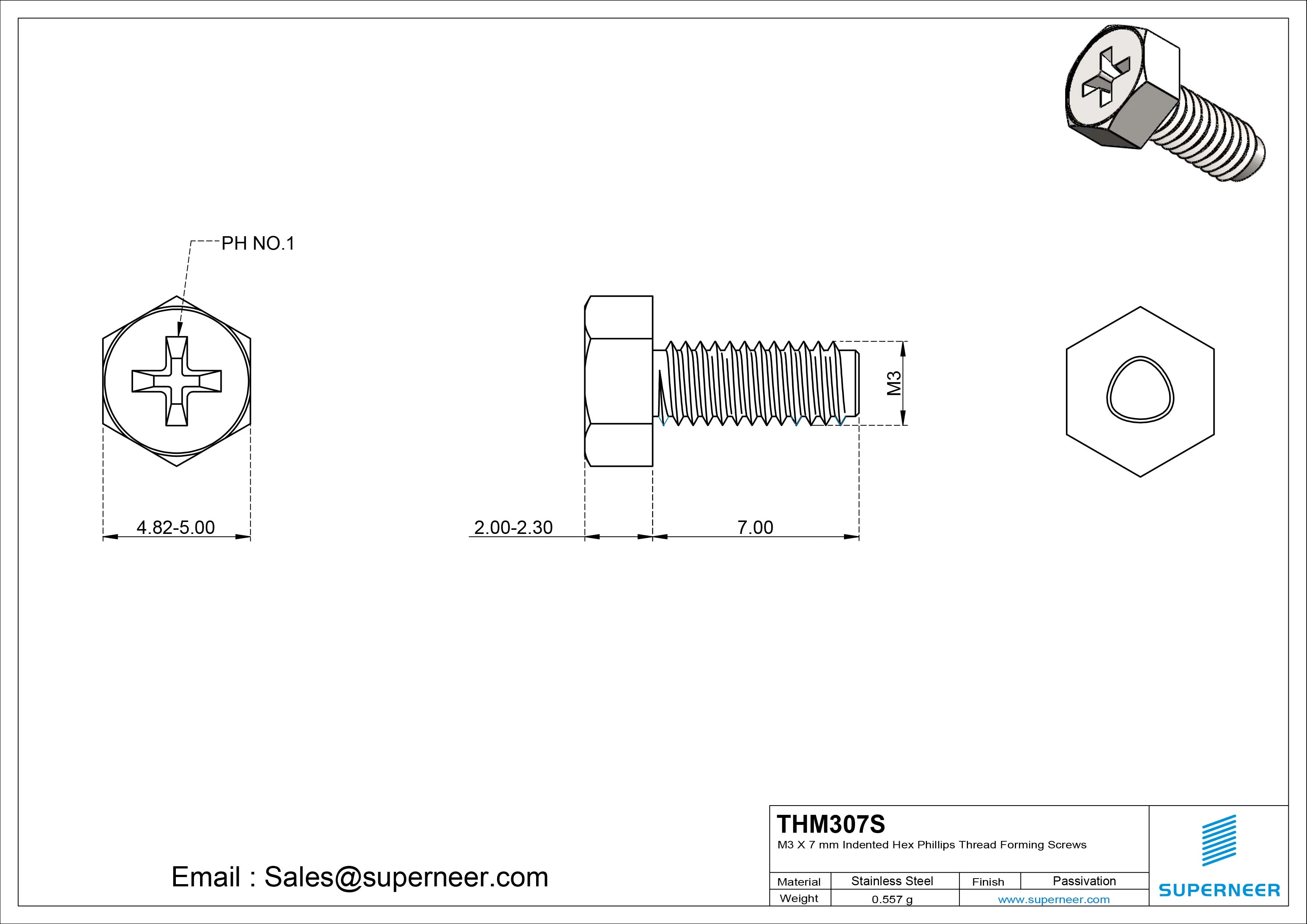 M3 × 7mm Indented Hex Phillips Thread Forming Screws for Metal SUS304 Stainless Steel Inox