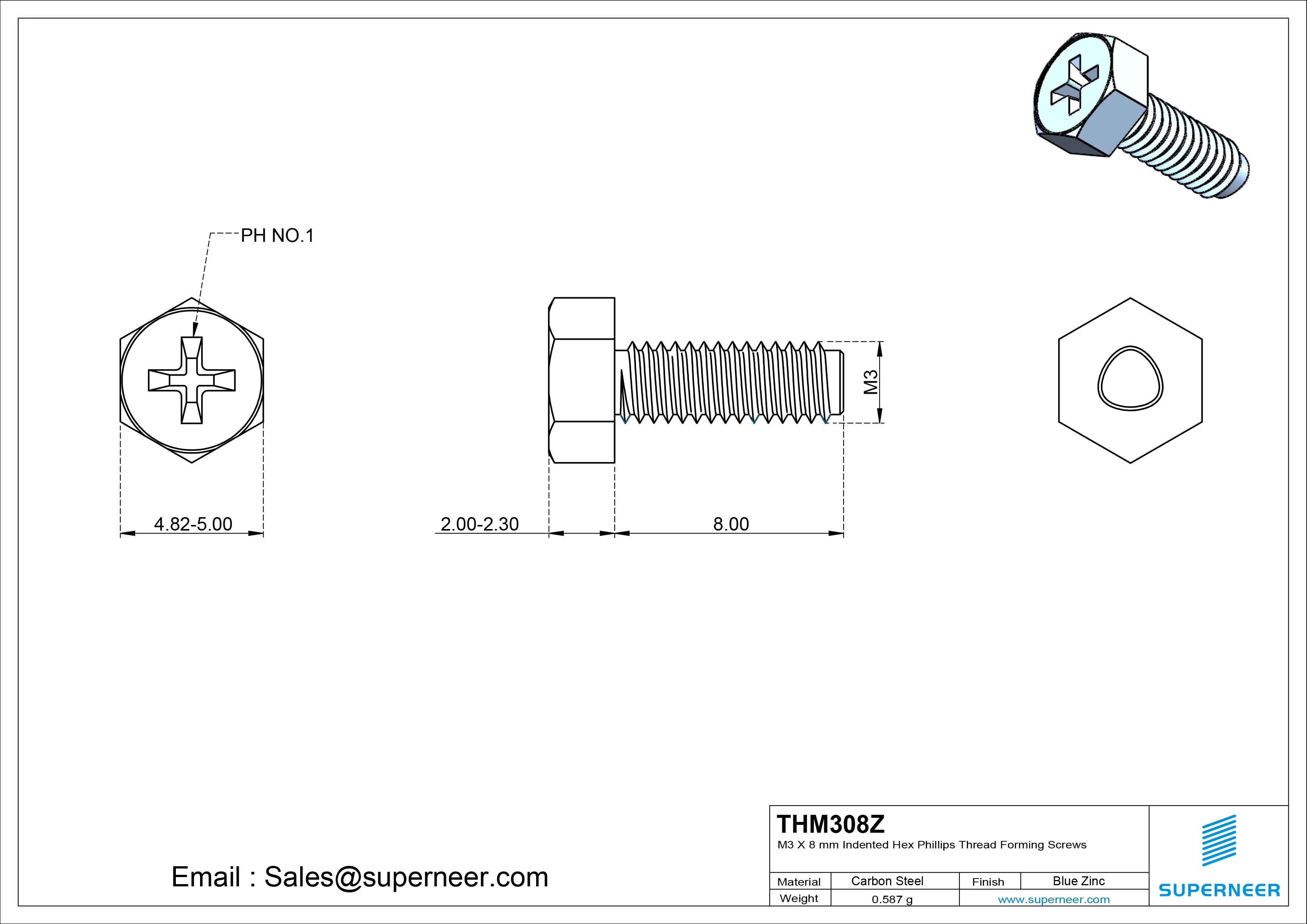 M3 × 8mm Indented Hex Phillips Thread Forming Screws for Metal Steel Blue Zinc Plated