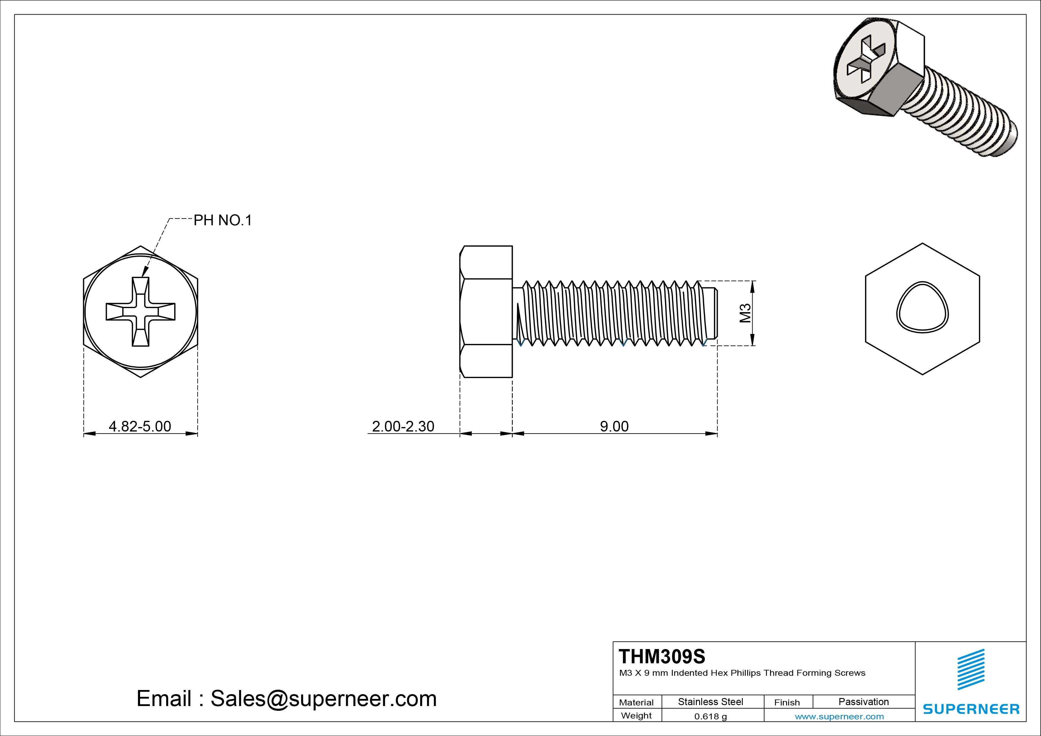 M3 × 9mm Indented Hex Phillips Thread Forming Screws for Metal SUS304 Stainless Steel Inox