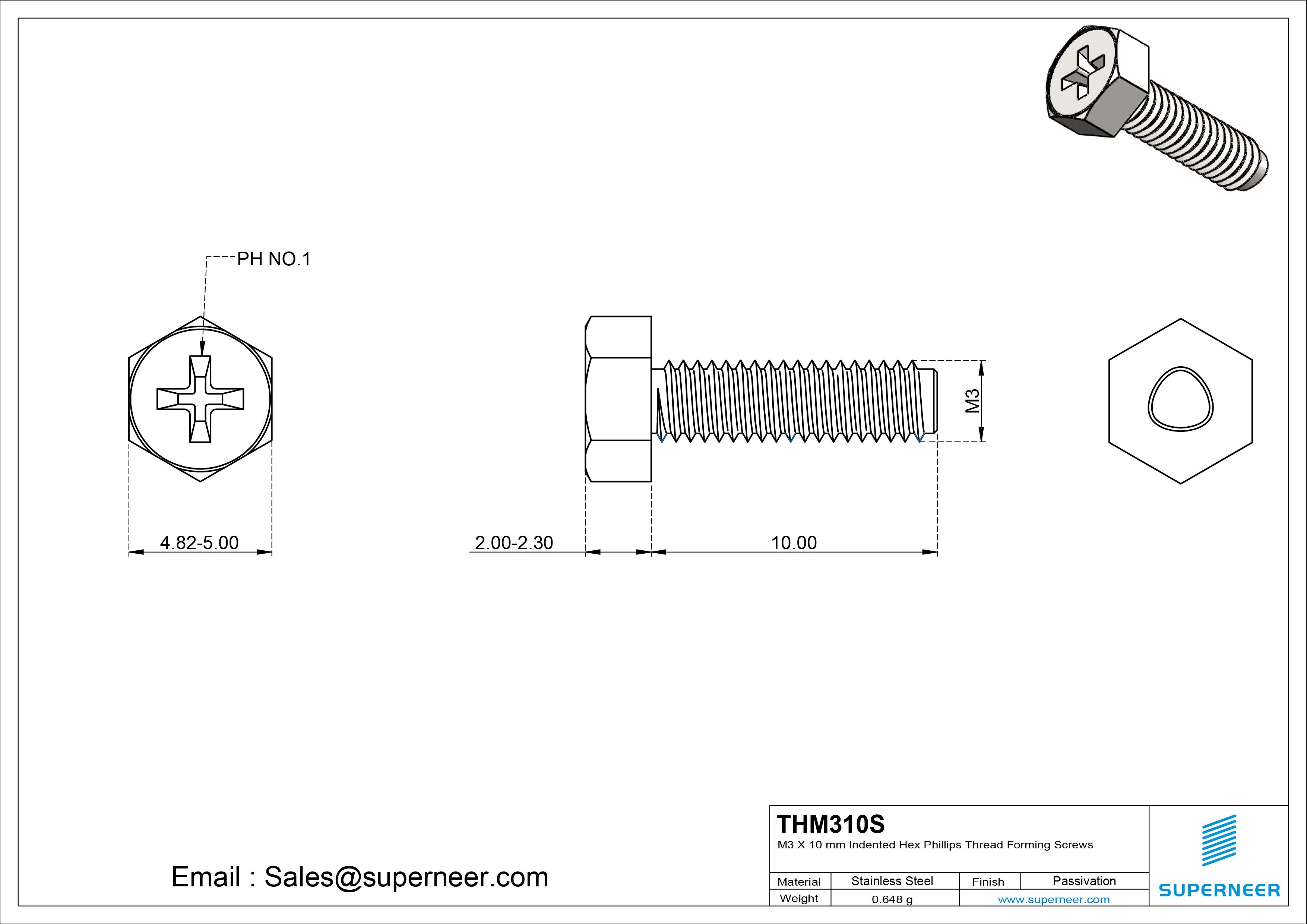 M3 × 10mm Indented Hex Phillips Thread Forming Screws for Metal SUS304 Stainless Steel Inox