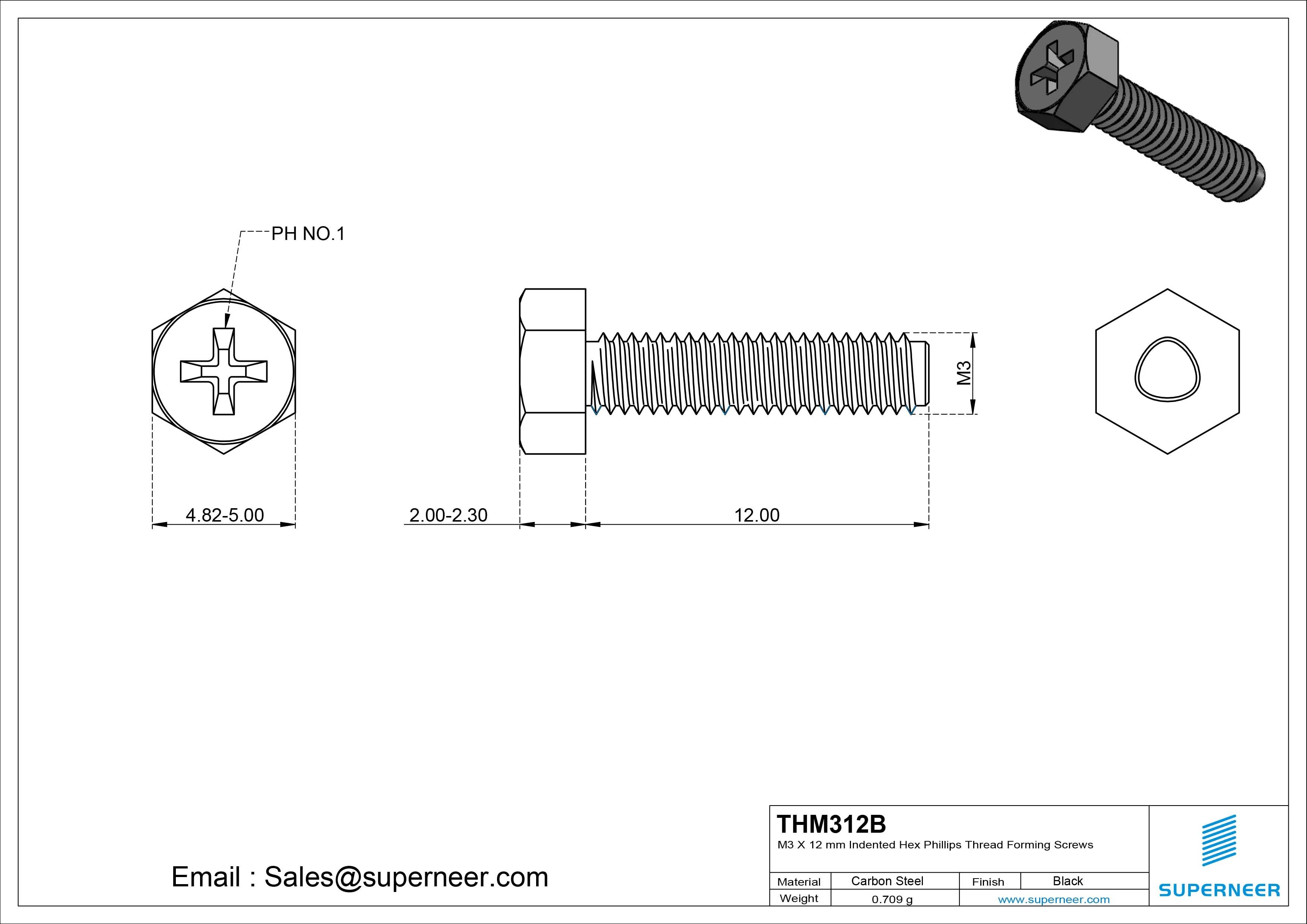 M3 × 12mm Indented Hex Phillips Thread Forming Screws for Metal Steel Black