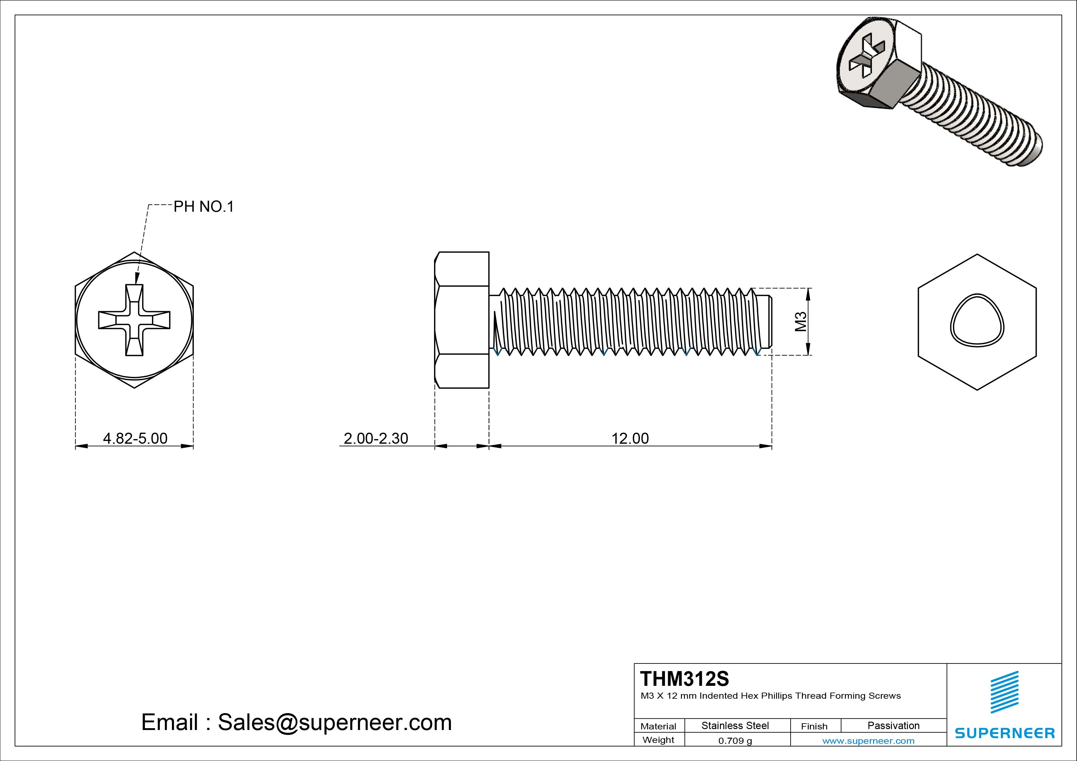 M3 × 12mm Indented Hex Phillips Thread Forming Screws for Metal SUS304 Stainless Steel Inox