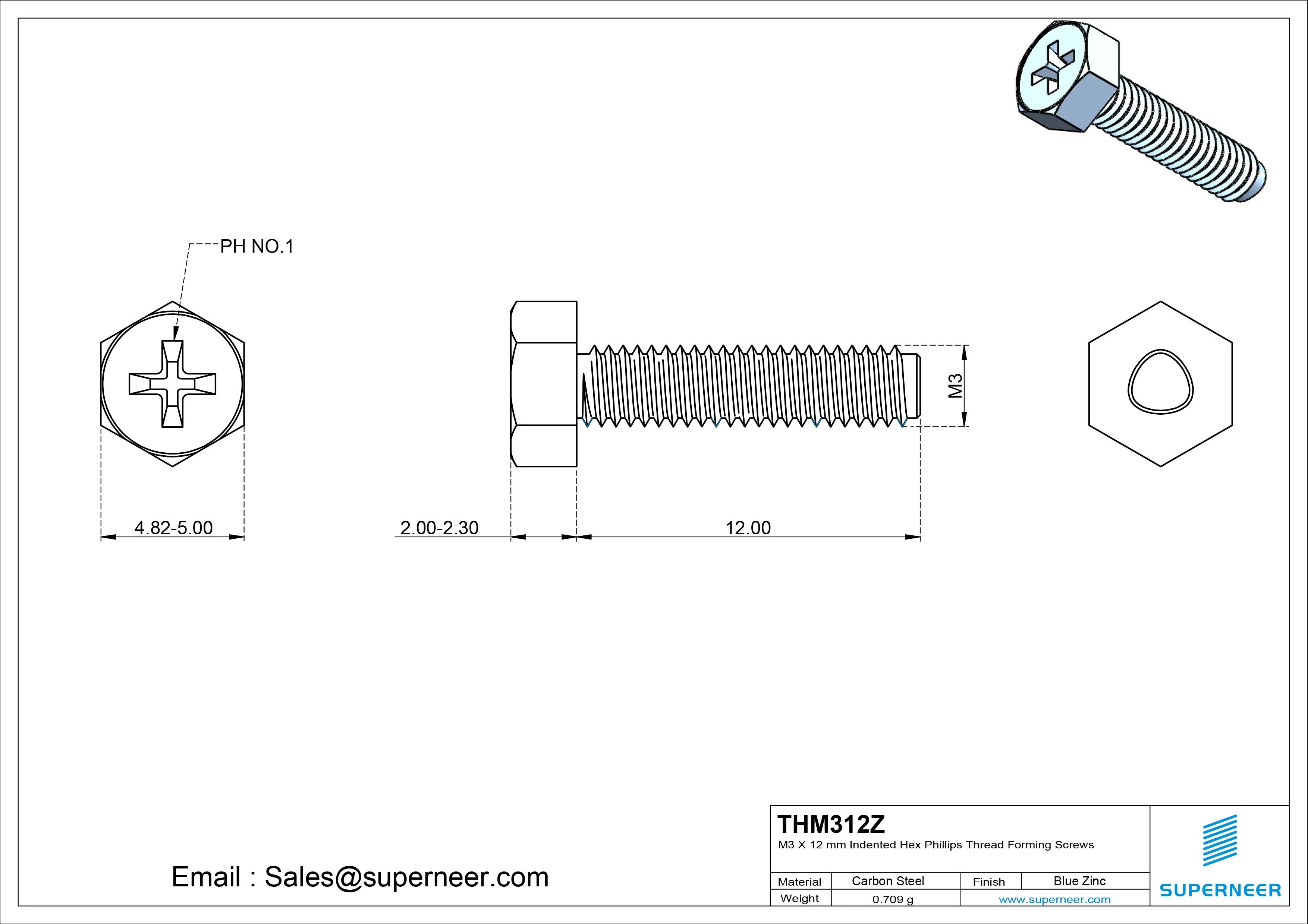 M3 × 12mm Indented Hex Phillips Thread Forming Screws for Metal Steel Blue Zinc Plated