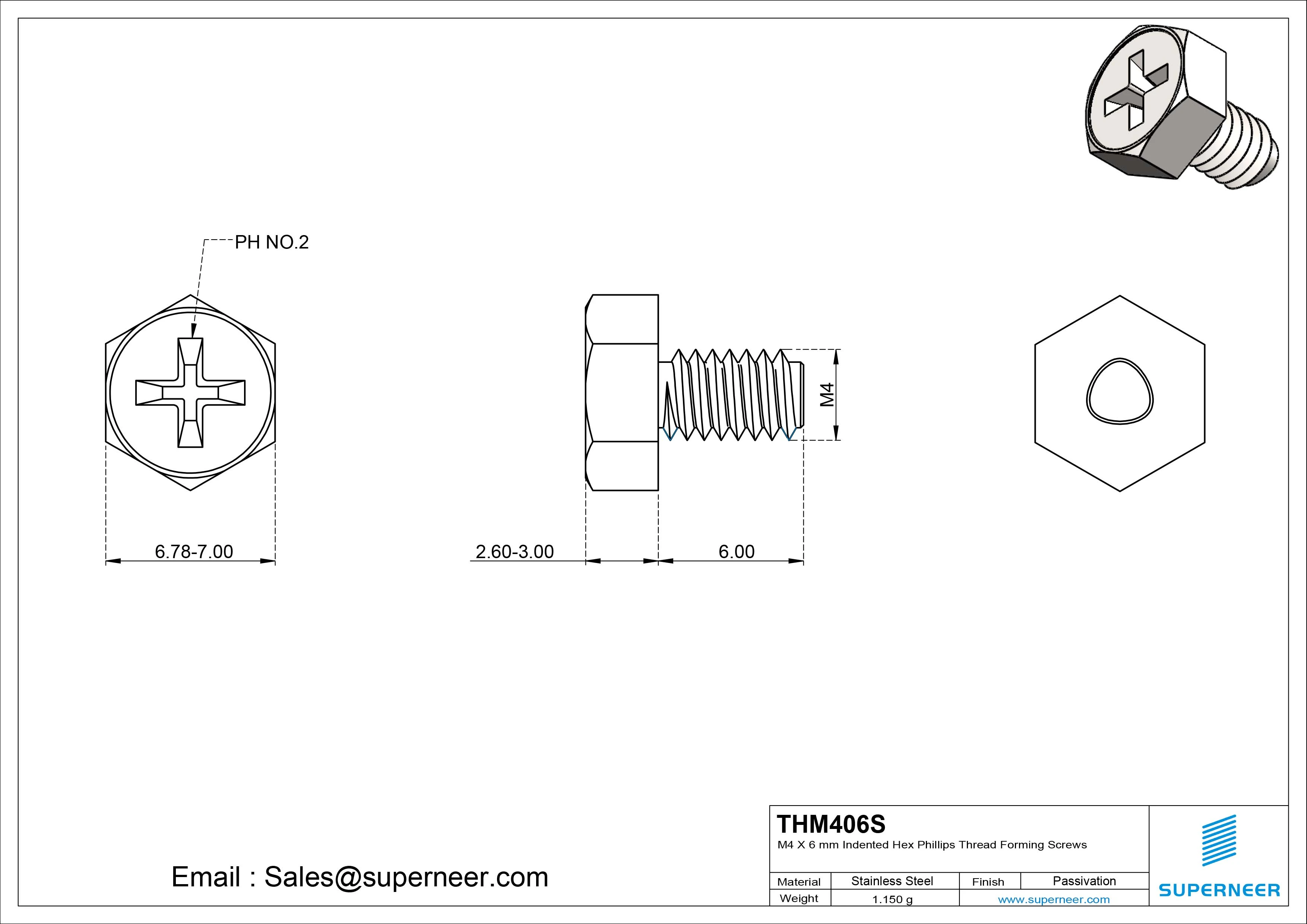 M4 × 6mm Indented Hex Phillips Thread Forming Screws for Metal SUS304 Stainless Steel Inox