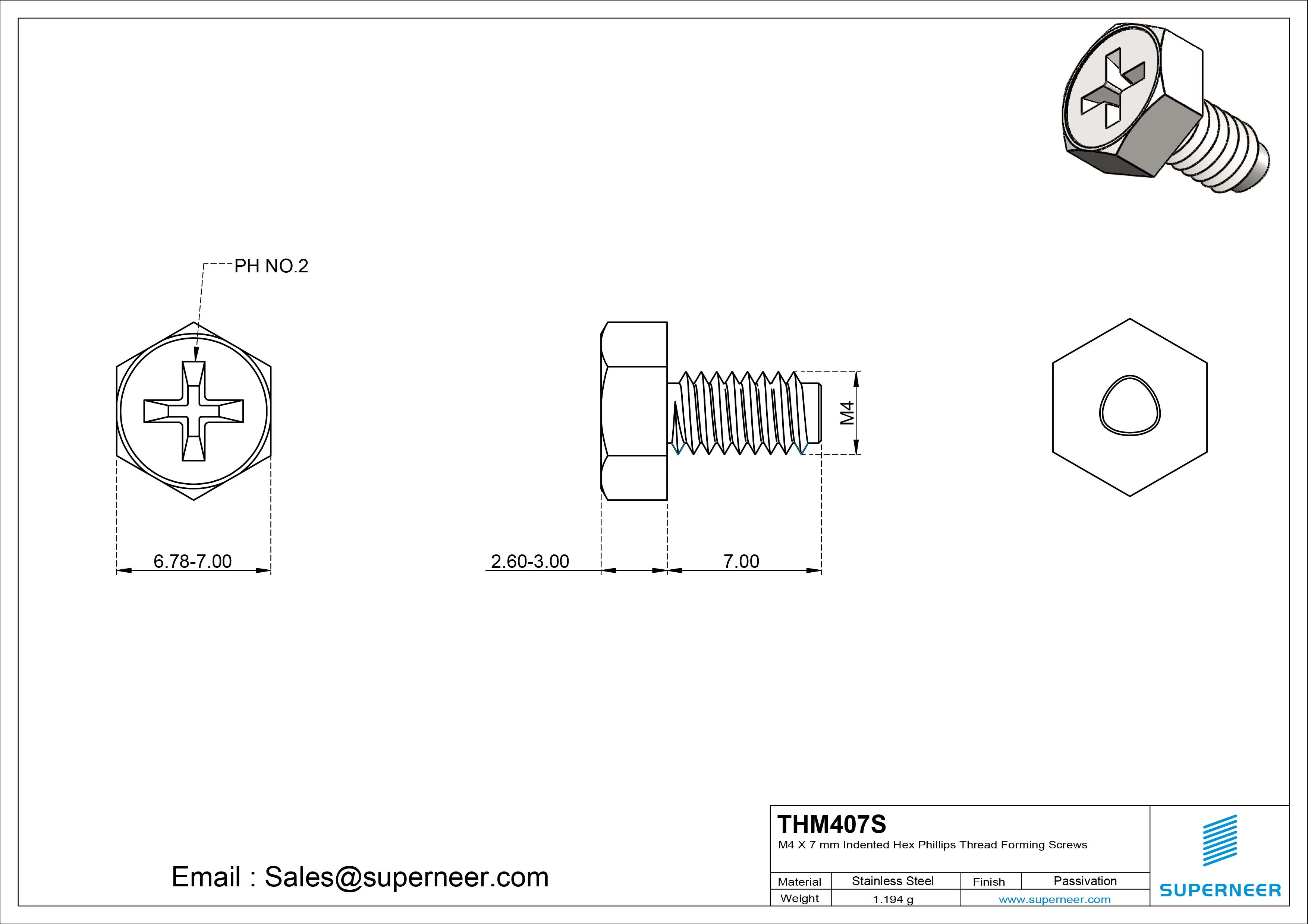 M4 × 7mm Indented Hex Phillips Thread Forming Screws for Metal SUS304 Stainless Steel Inox