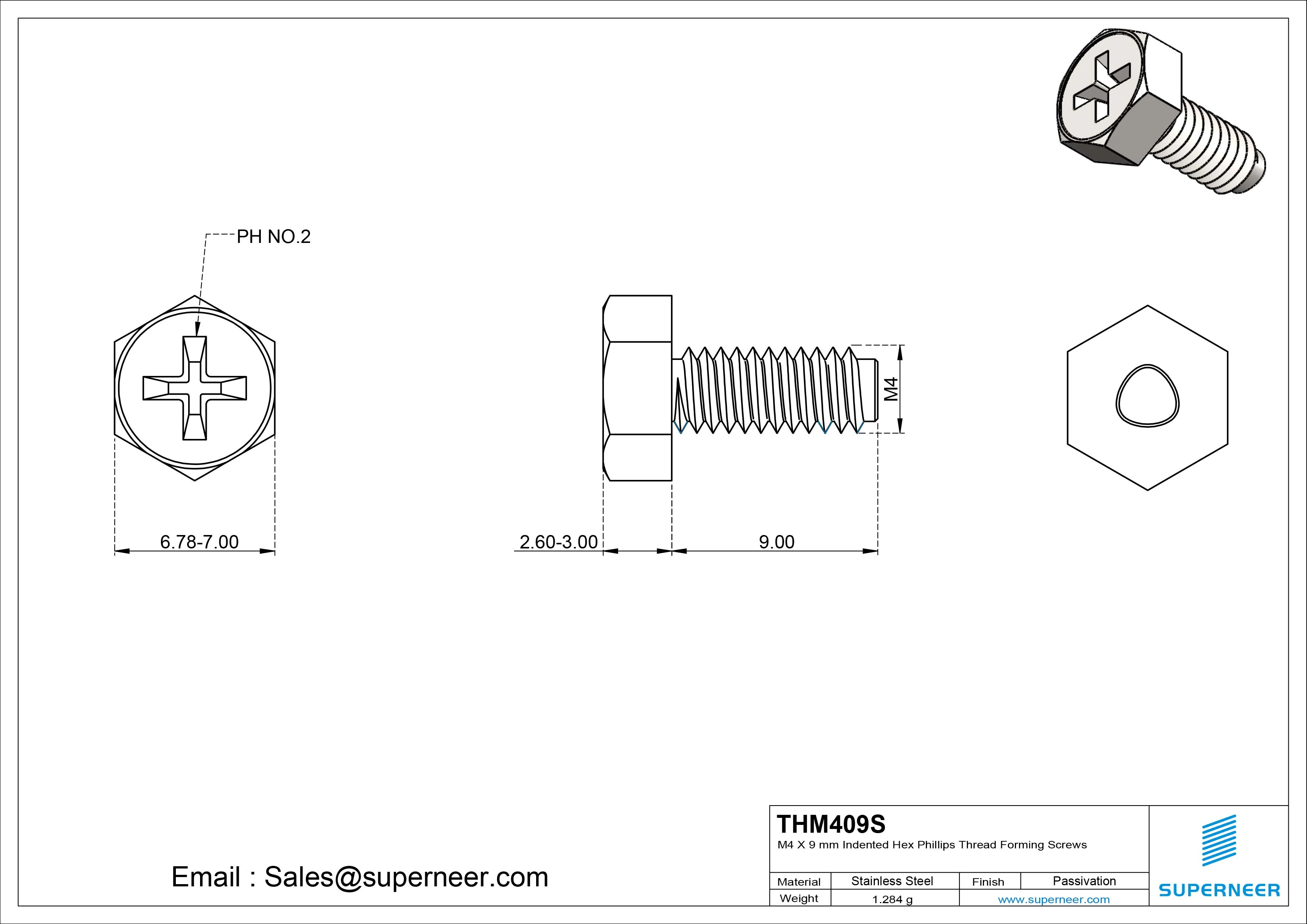 M4 × 9mm Indented Hex Phillips Thread Forming Screws for Metal SUS304 Stainless Steel Inox