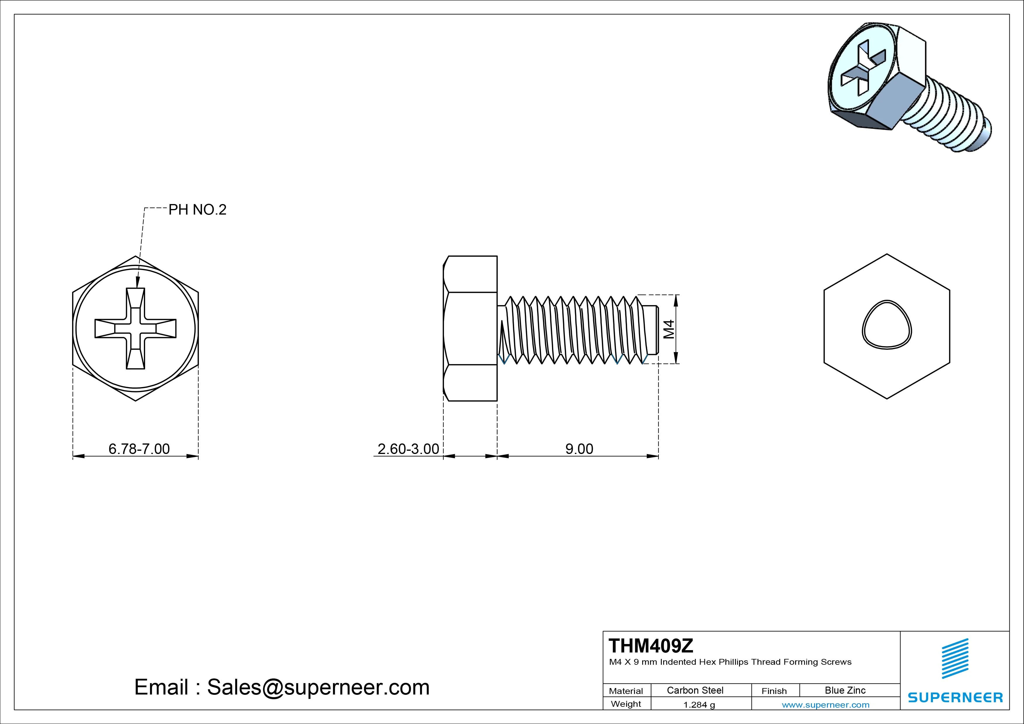 M4 × 9mm Indented Hex Phillips Thread Forming Screws for Metal Steel Blue Zinc Plated