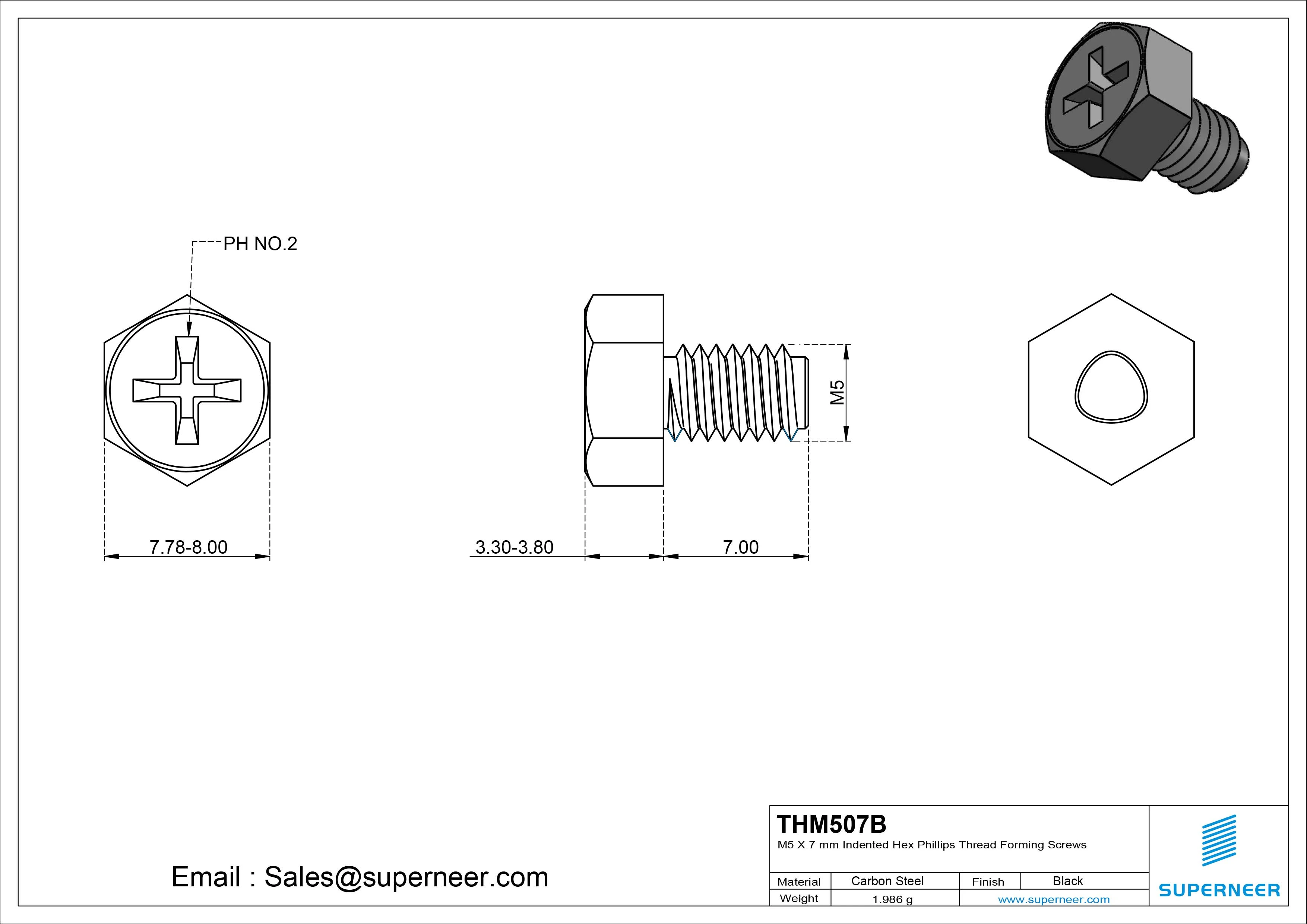 M5 × 7mm Indented Hex Phillips Thread Forming Screws for Metal Steel Black