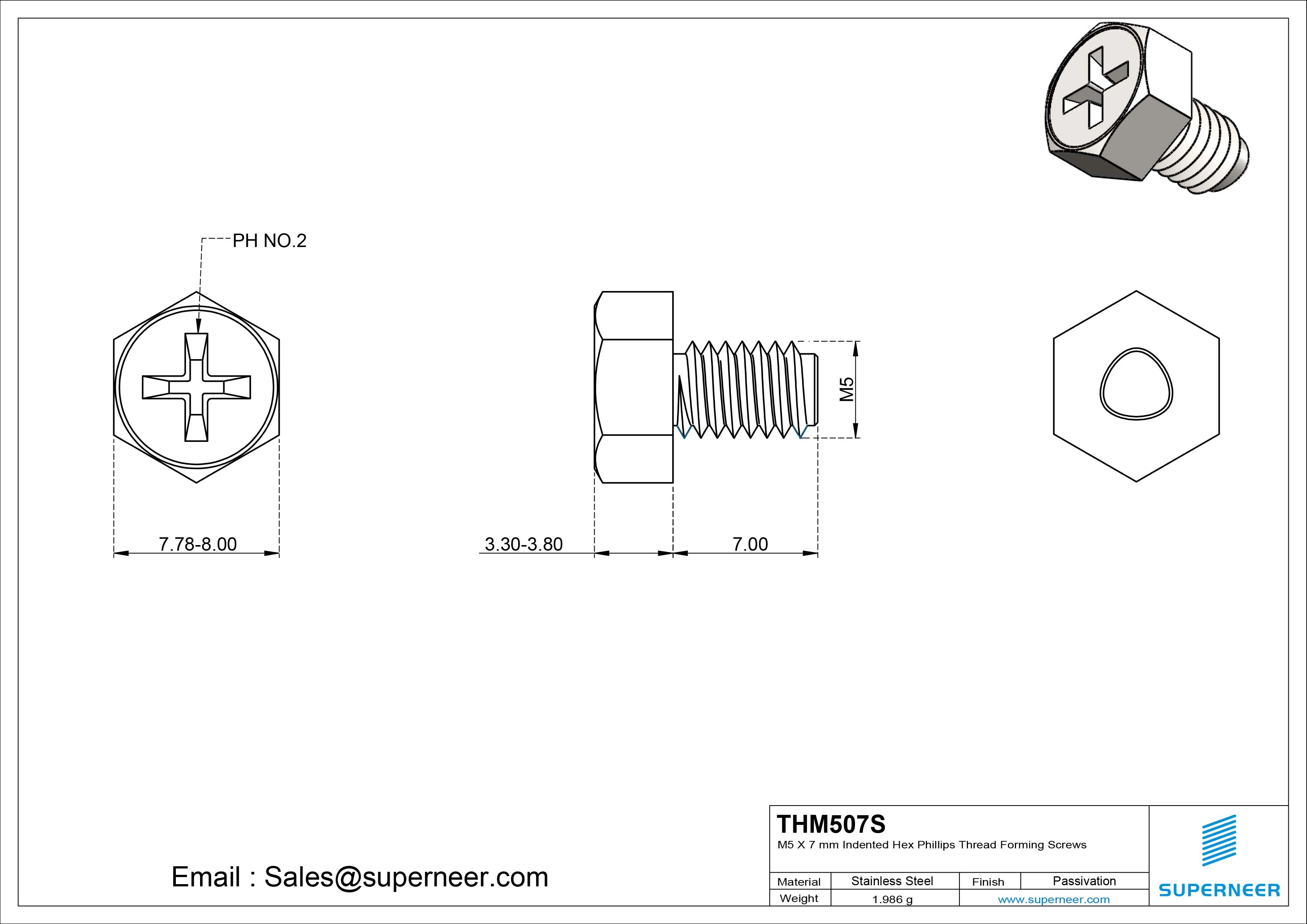 M5 × 7mm Indented Hex Phillips Thread Forming Screws for Metal SUS304 Stainless Steel Inox