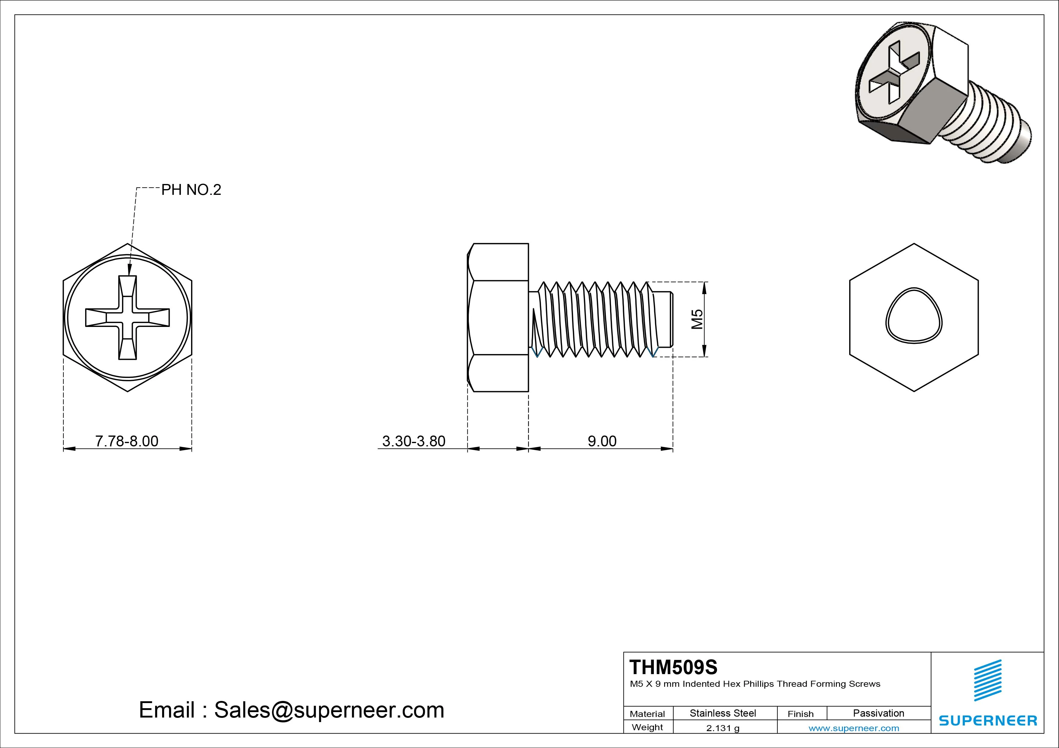 M5 × 9mm Indented Hex Phillips Thread Forming Screws for Metal SUS304 Stainless Steel Inox