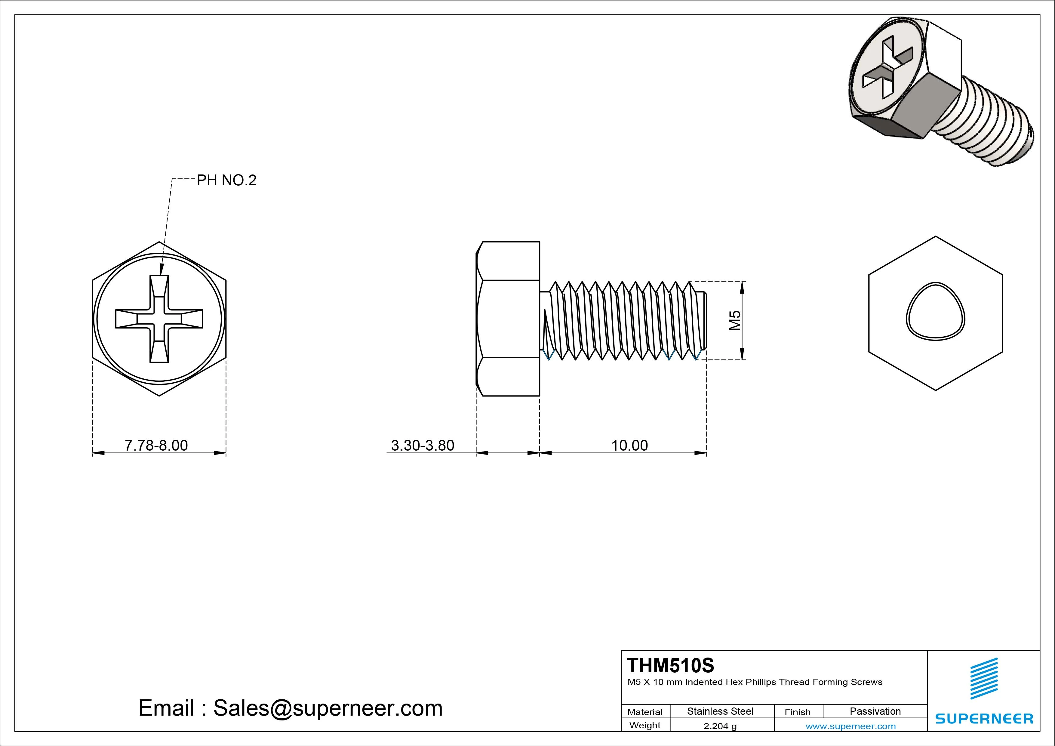 M5 × 10mm Indented Hex Phillips Thread Forming Screws for Metal SUS304 Stainless Steel Inox