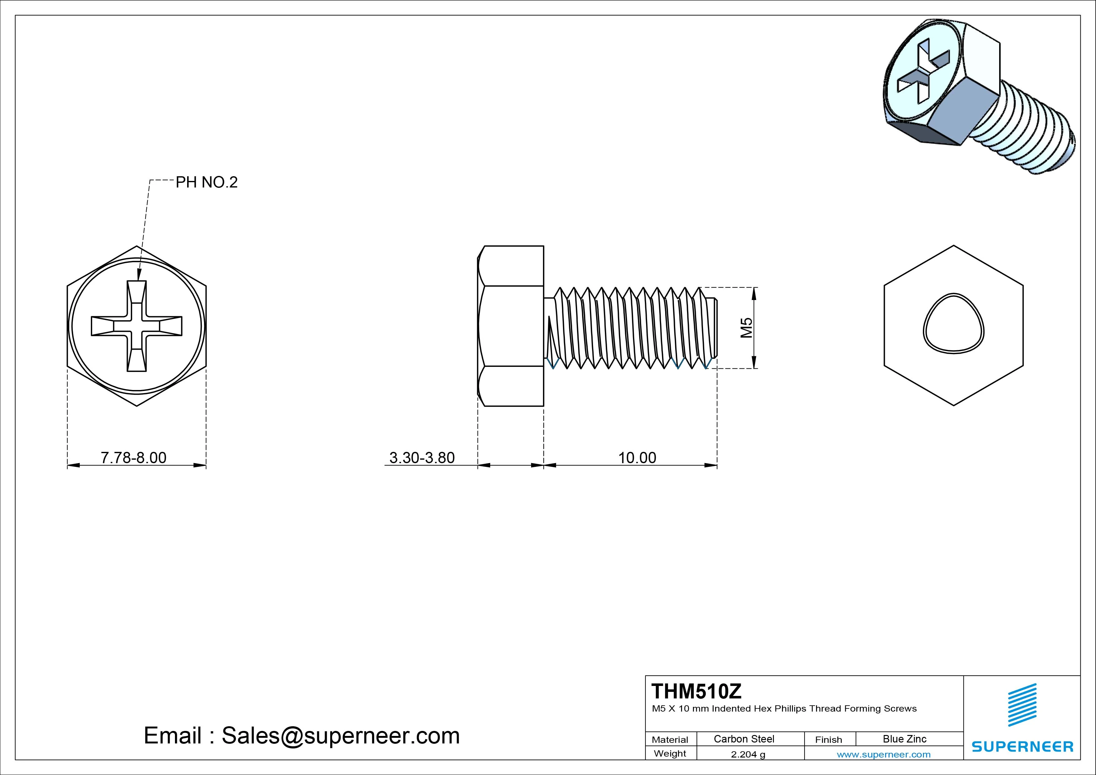 M5 × 10mm Indented Hex Phillips Thread Forming Screws for Metal Steel Blue Zinc Plated