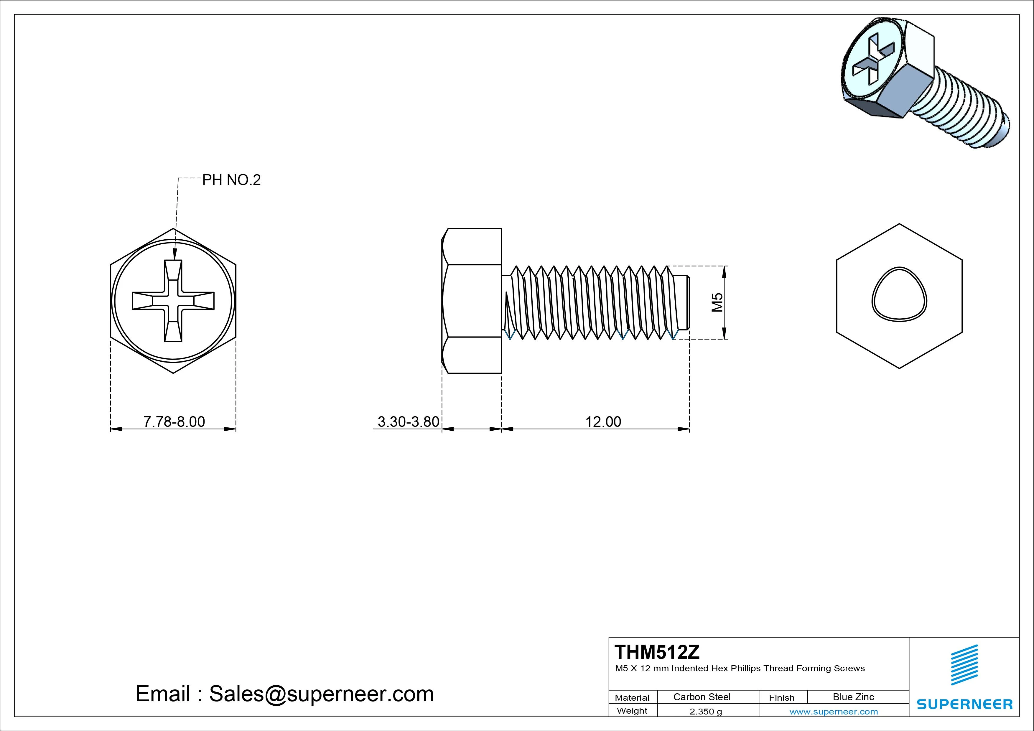 M5 × 12mm Indented Hex Phillips Thread Forming Screws for Metal Steel Blue Zinc Plated