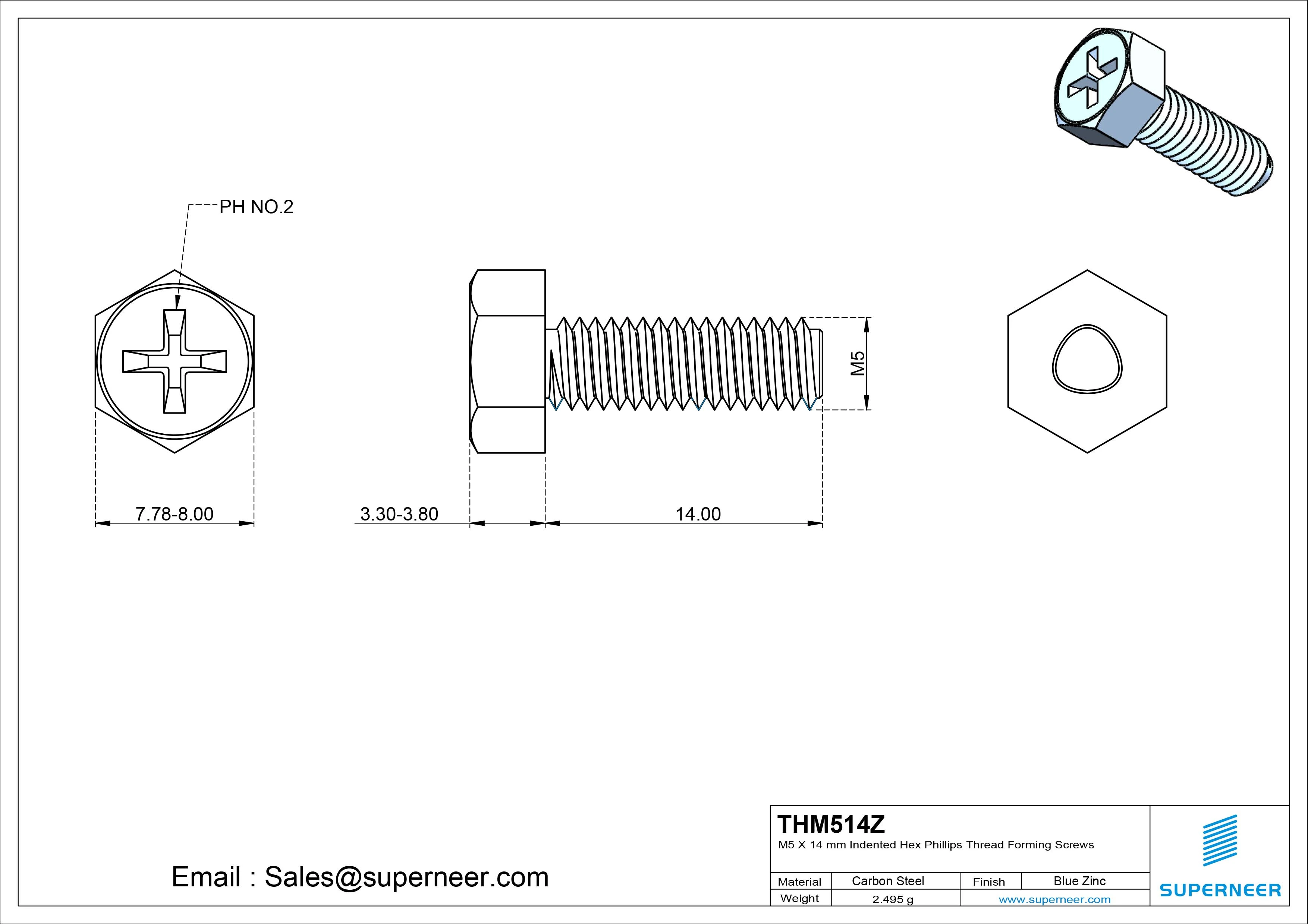 M5 × 14mm Indented Hex Phillips Thread Forming Screws for Metal Steel Blue Zinc Plated