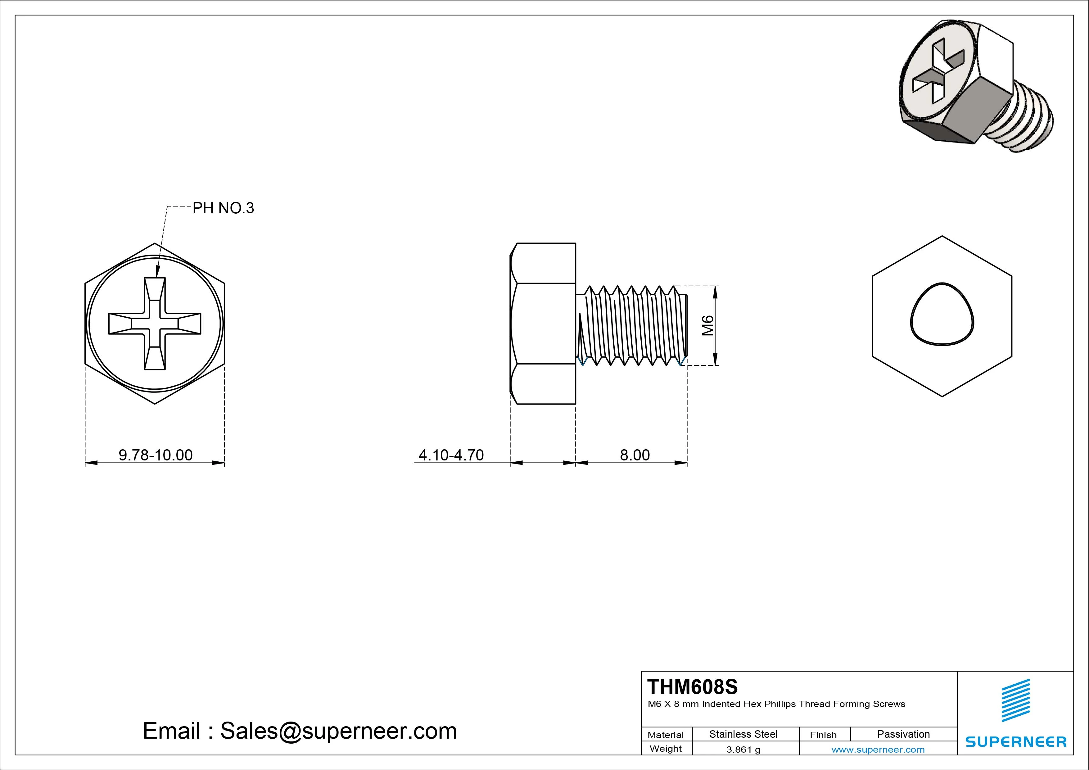 M6 × 8mm Indented Hex Phillips Thread Forming Screws for Metal SUS304 Stainless Steel Inox