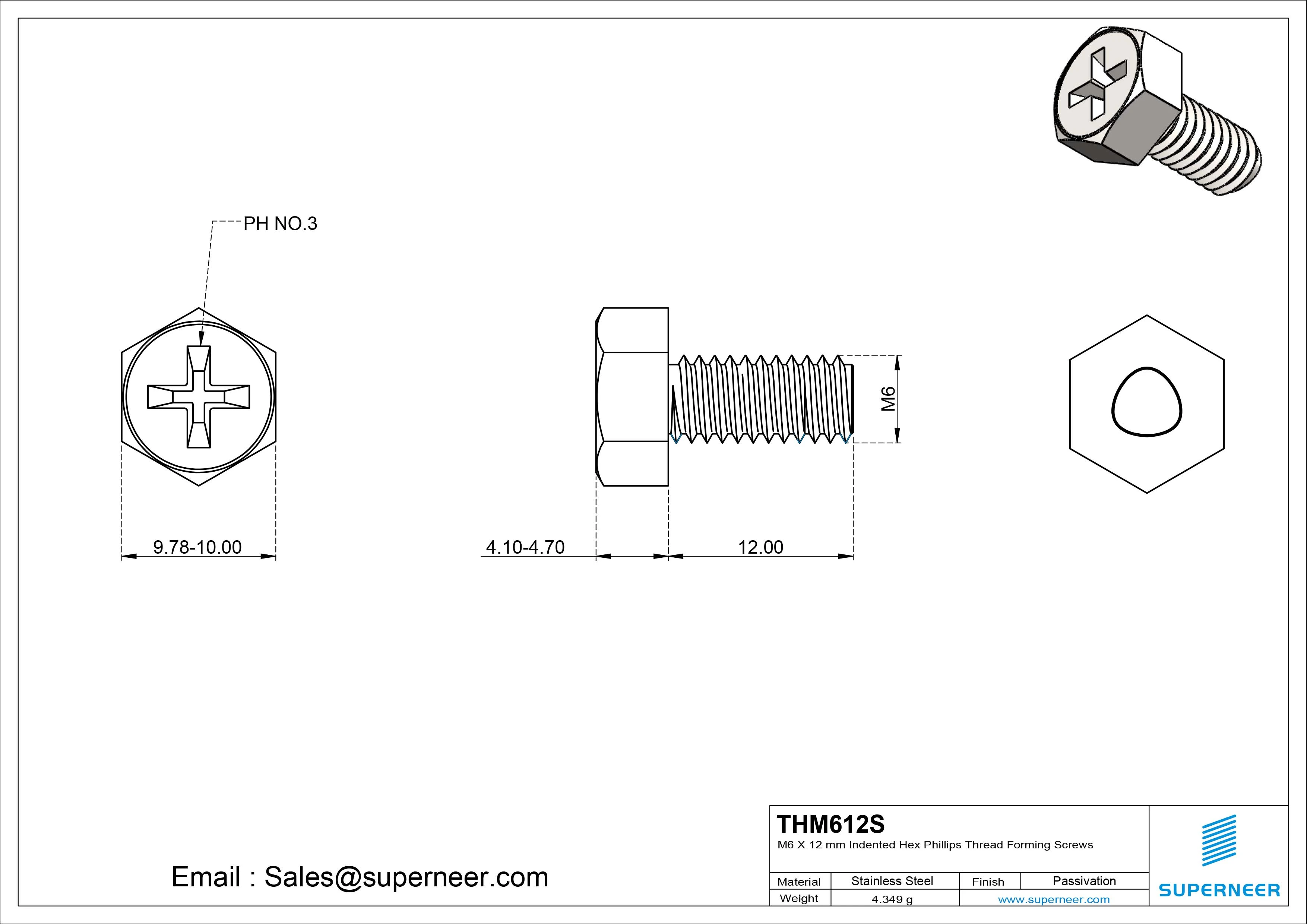 M6 × 12mm Indented Hex Phillips Thread Forming Screws for Metal SUS304 Stainless Steel Inox