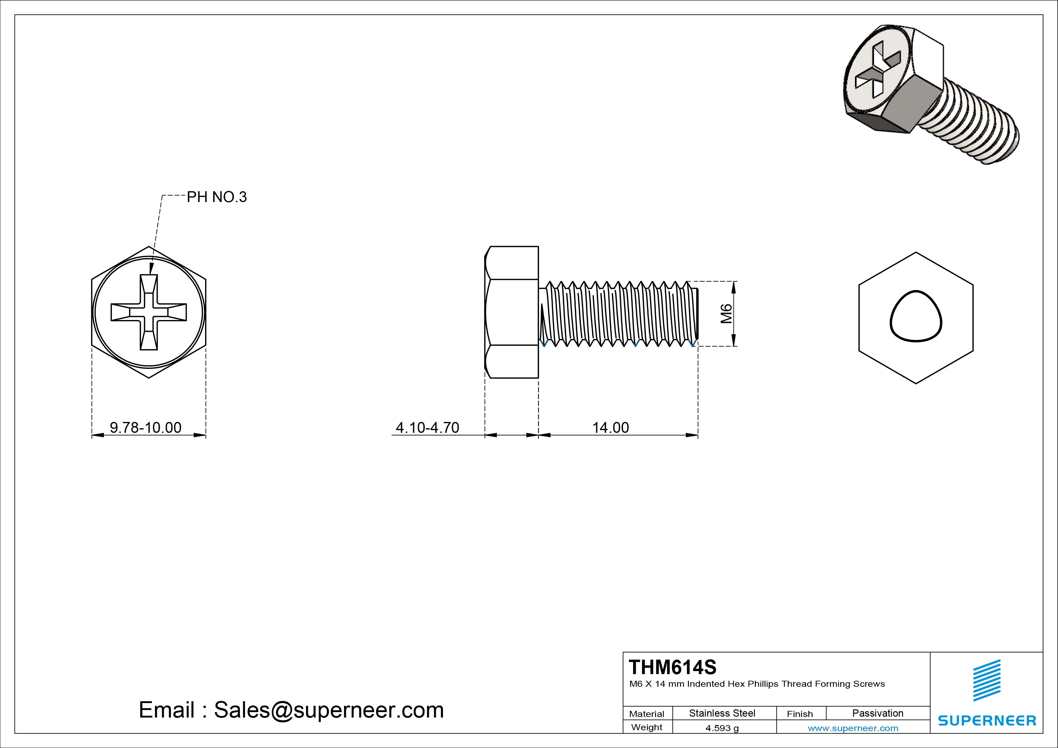 M6 × 14mm Indented Hex Phillips Thread Forming Screws for Metal SUS304 Stainless Steel Inox