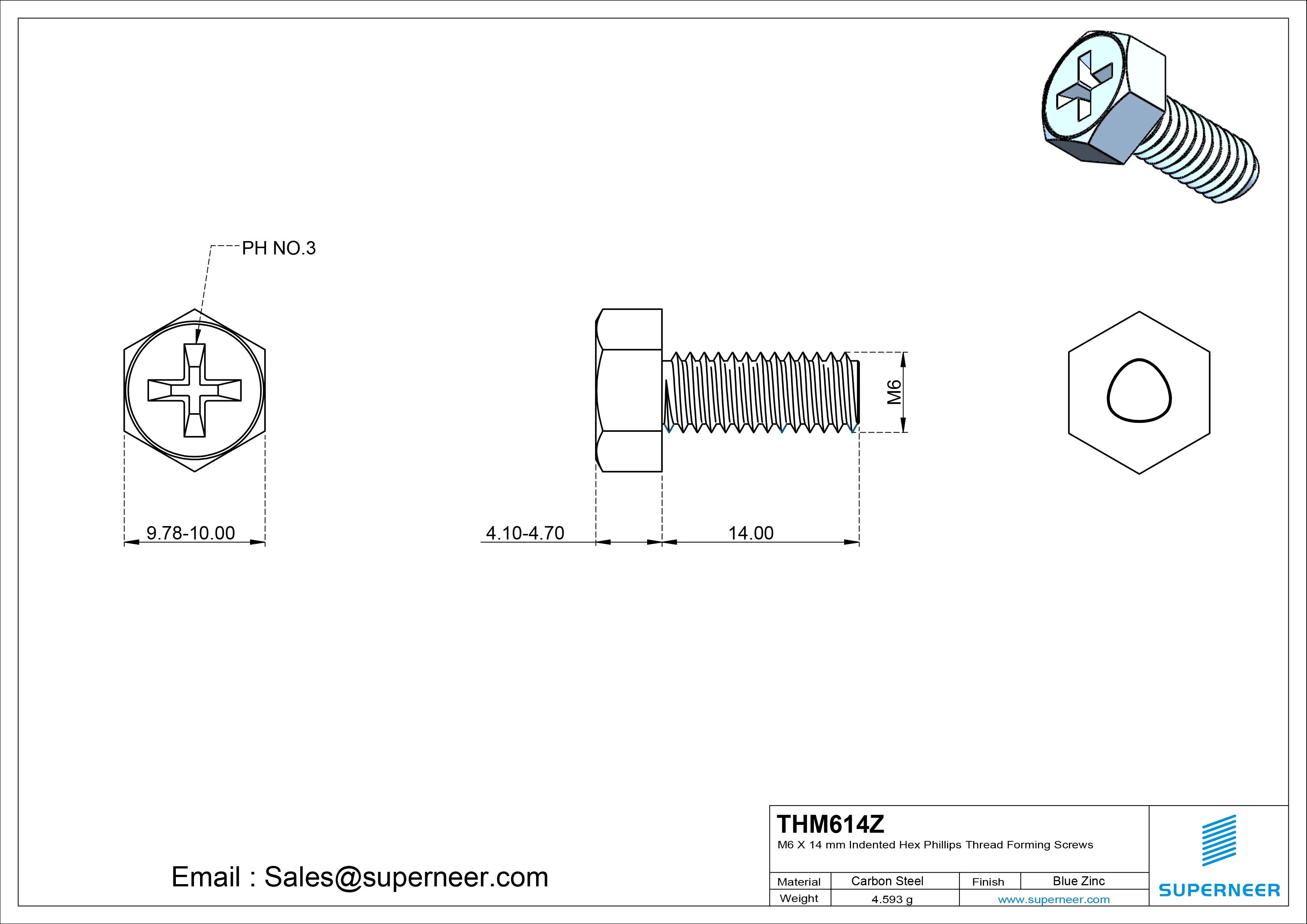 M6 × 14mm Indented Hex Phillips Thread Forming Screws for Metal Steel Blue Zinc Plated