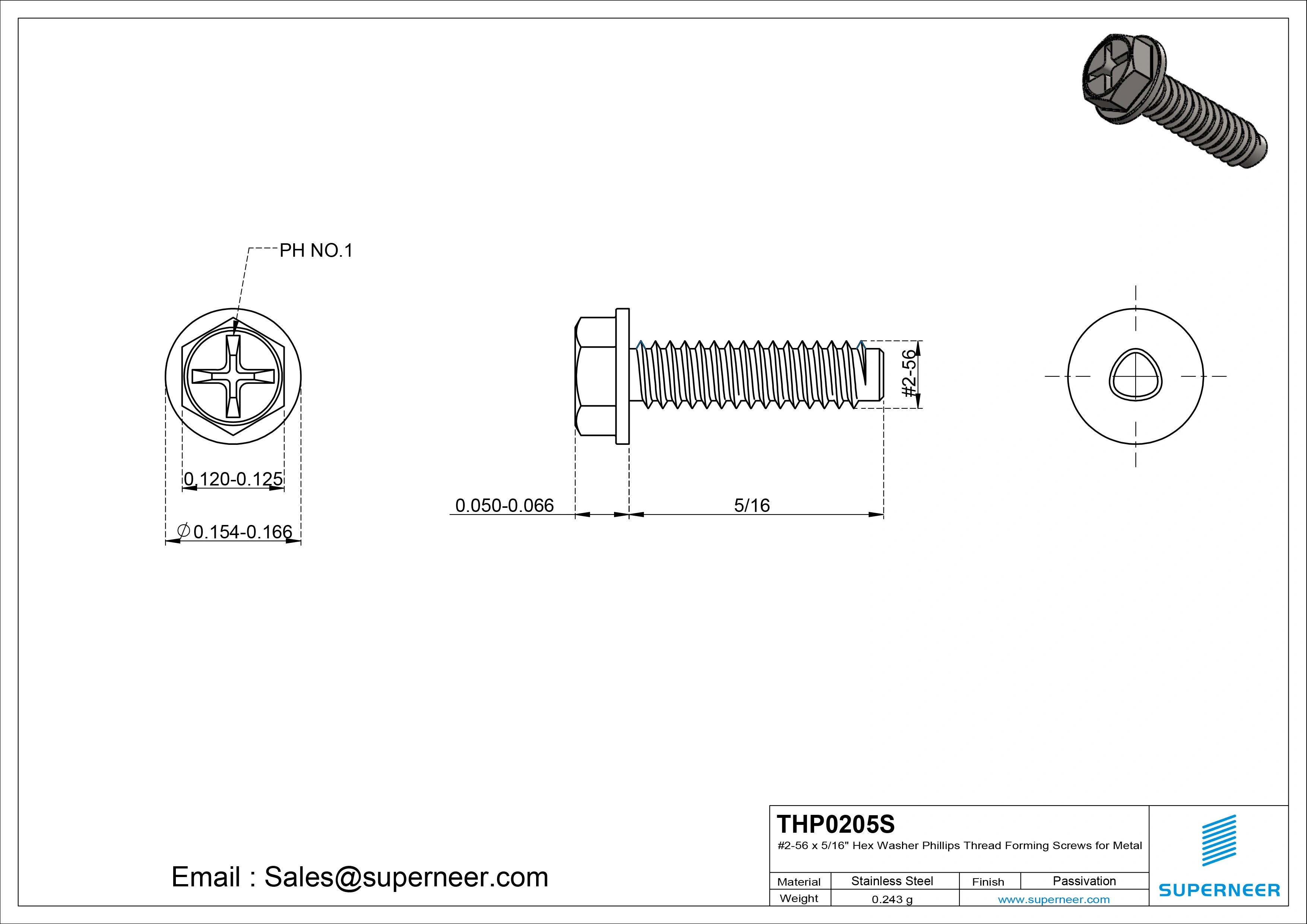 2-56 × 5/16 Hex Washer Phillips Thread Forming  Screws for Metal  SUS304 Stainless Steel Inox