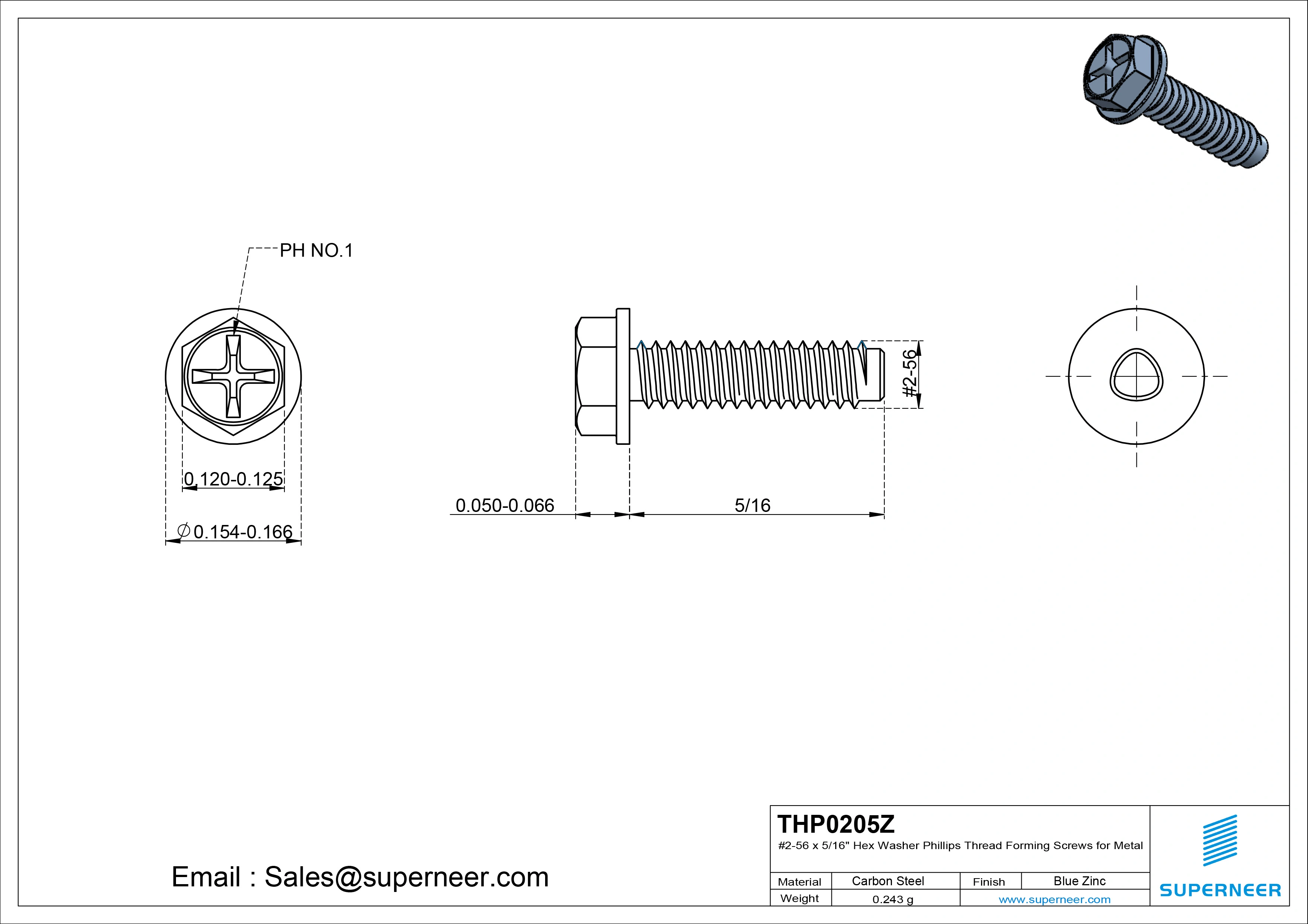 2-56 × 5/16 Hex Washer Phillips Thread Forming  Screws for Metal  Steel Blue Zinc Plated