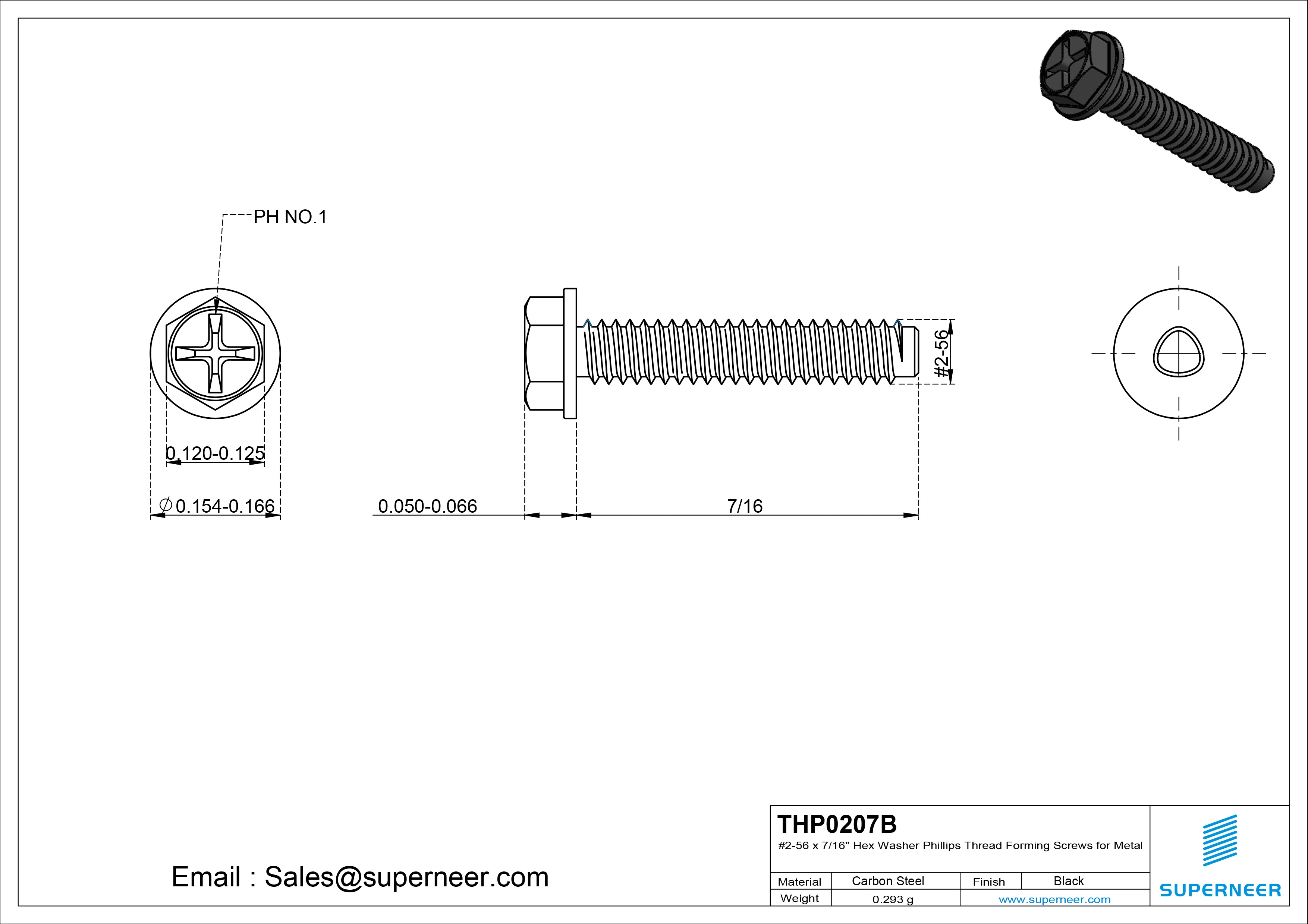 2-56 × 7/16 Hex Washer Phillips Thread Forming  Screws for Metal  Steel Black