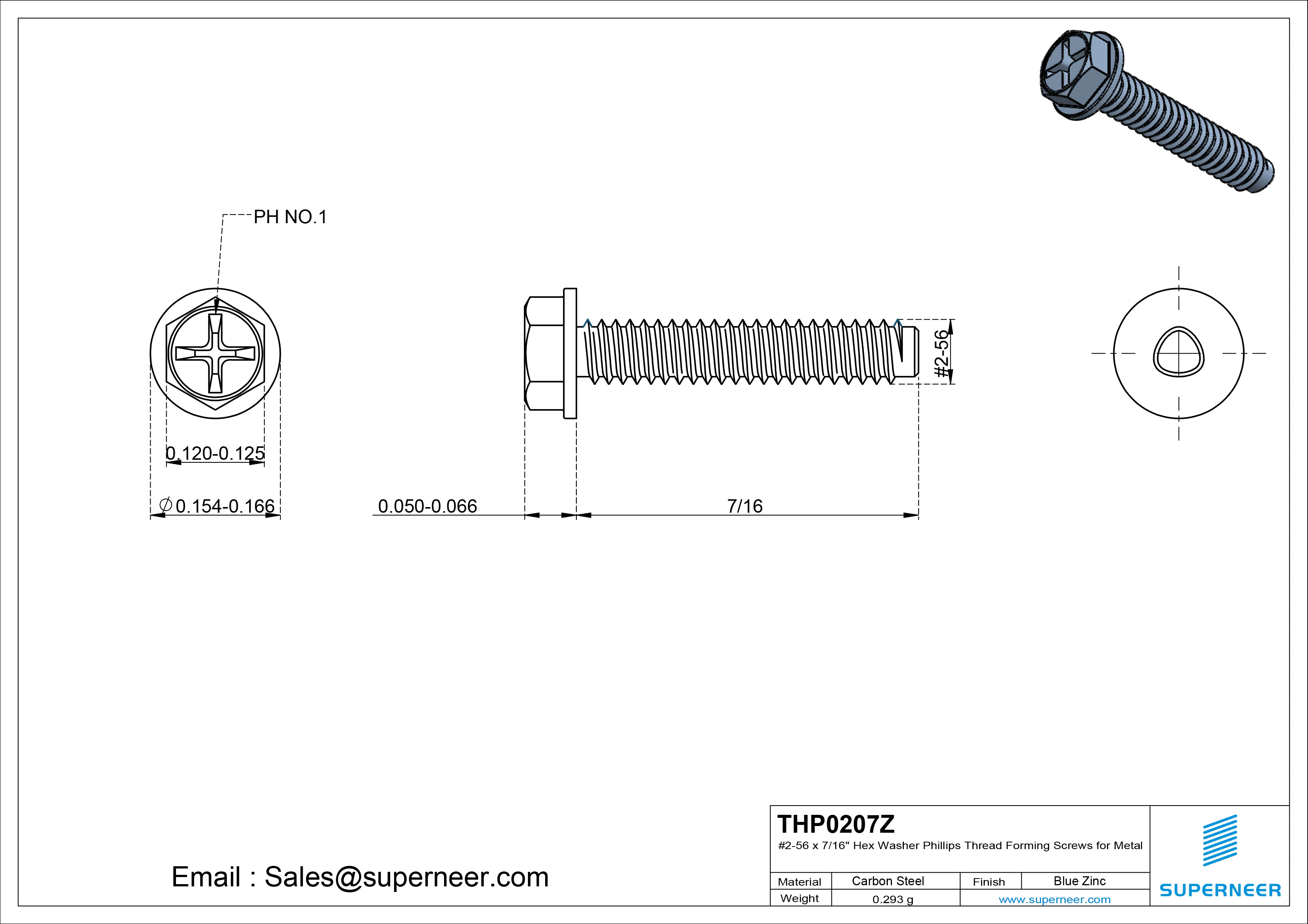 2-56 × 7/16 Hex Washer Phillips Thread Forming  Screws for Metal  Steel Blue Zinc Plated