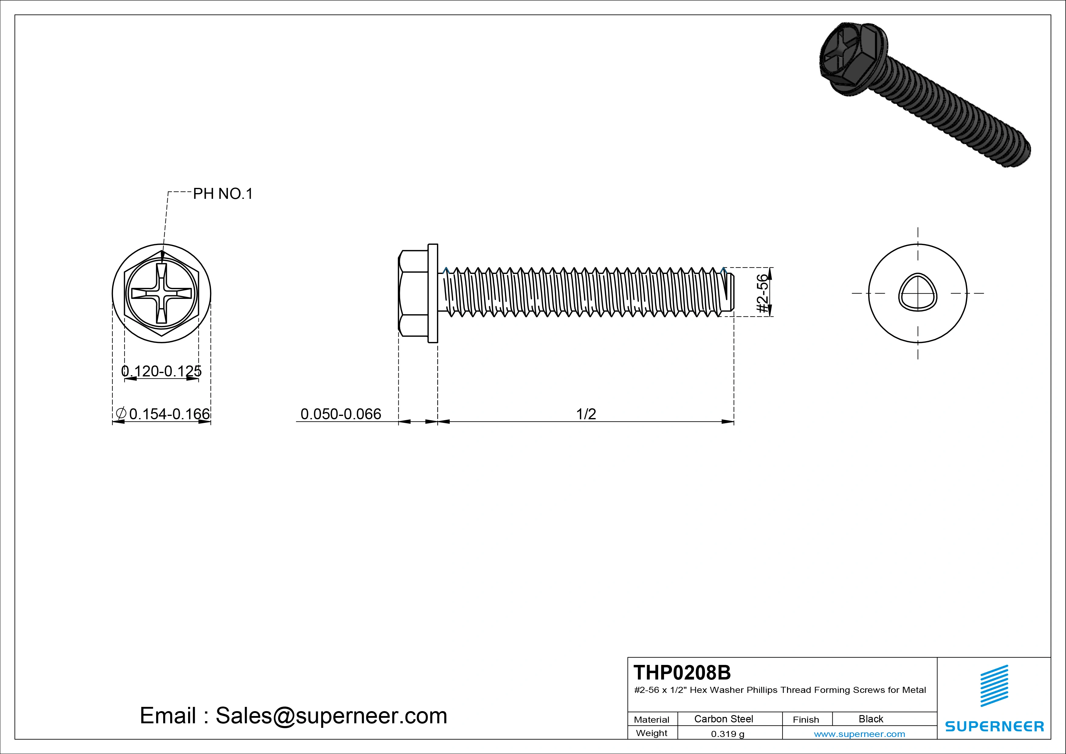 2-56 × 1/2 Hex Washer Phillips Thread Forming  Screws for Metal  Steel Black