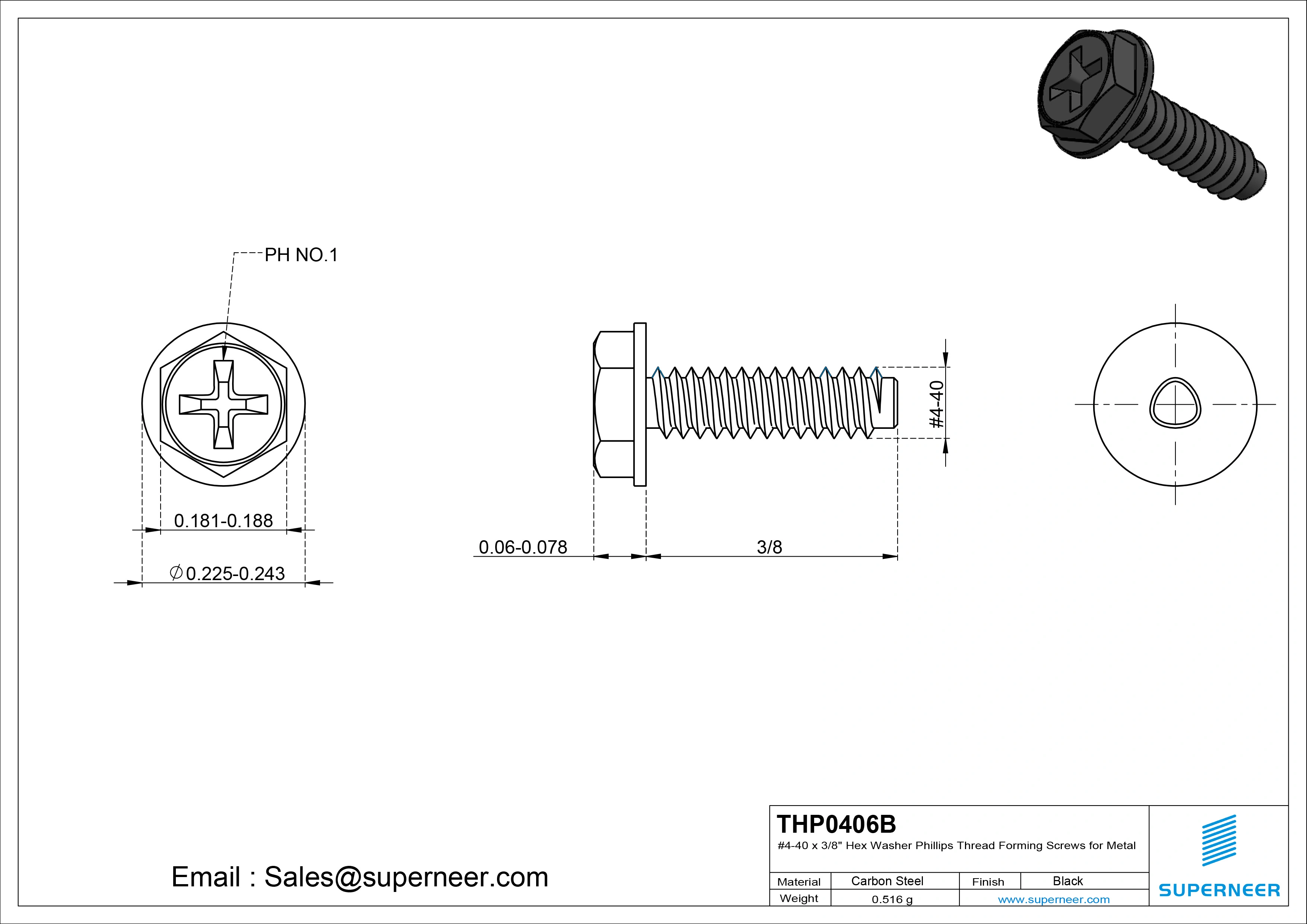 4-40 × 3/8 Hex Washer Phillips Thread Forming  Screws for Metal  Steel Black