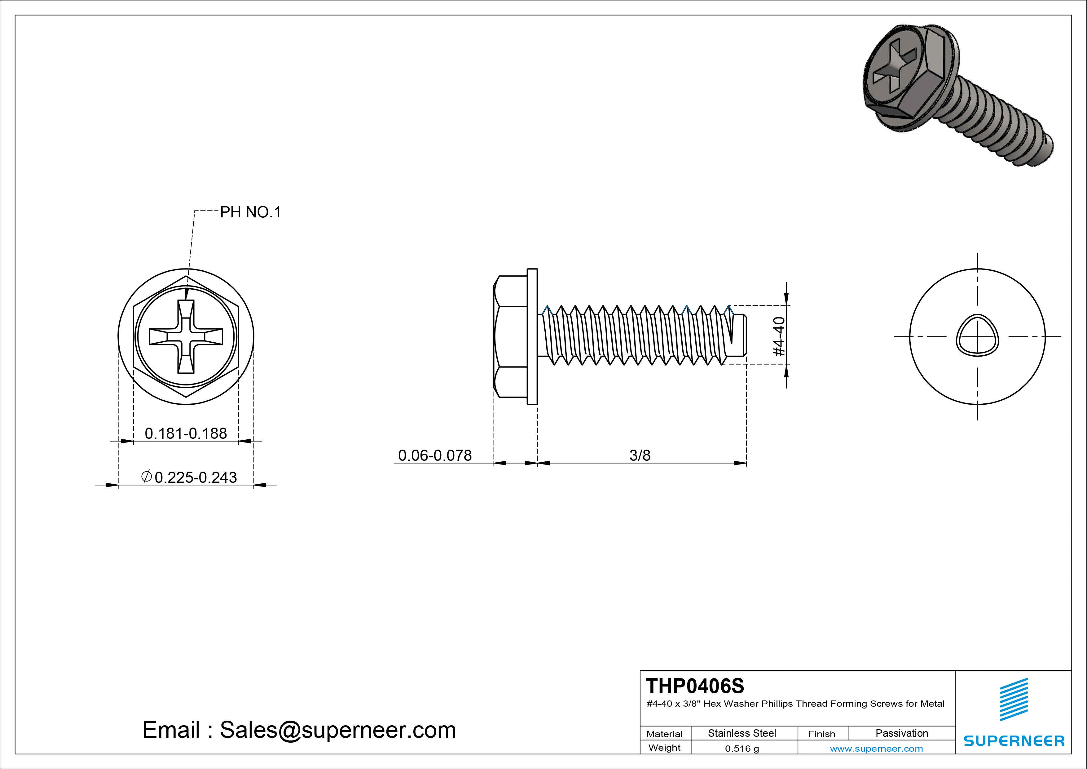 4-40 × 3/8 Hex Washer Phillips Thread Forming  Screws for Metal  SUS304 Stainless Steel Inox